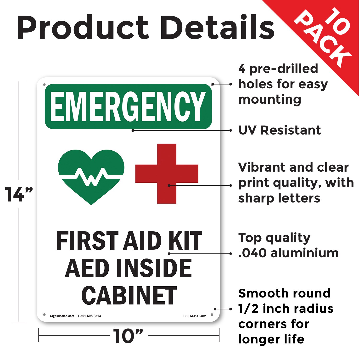 First Aid Kit AED With Symbol OSHA Emergency Sign Metal, Decal – 5 or 10 Pack