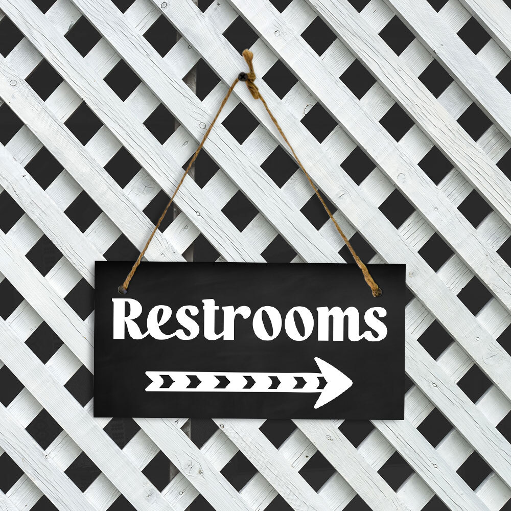 Restrooms Right Arrow 5×10 Hanging Plus Wall or Door Sign | Bathroom Decor