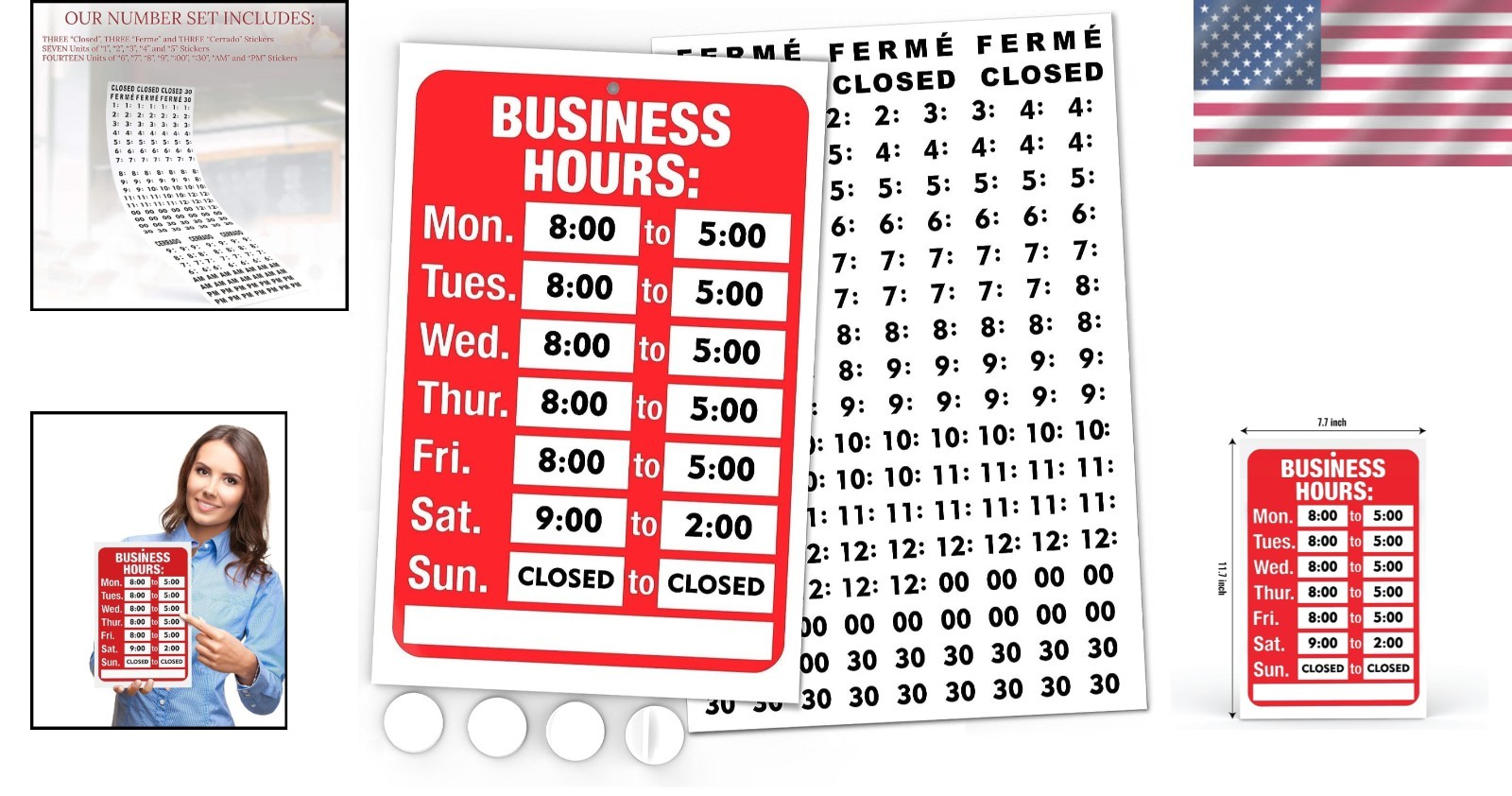 Business Hours Sign for Glass Door 11.7 Inch Red and White Adhesive Sticker Kit