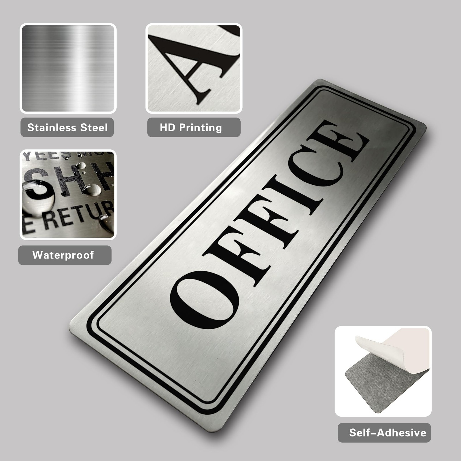 1 PCS 9×3 Inch Metal Stainless Steel Office Sign Doors Self Adhesive Plaque