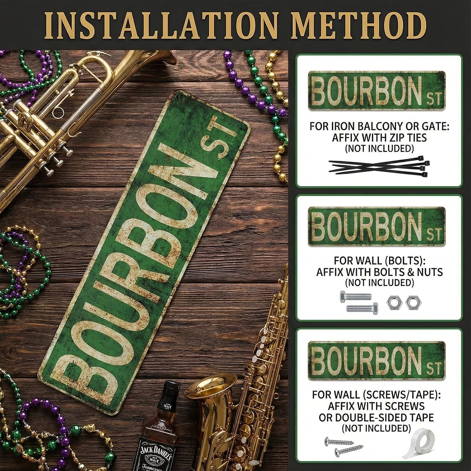 Vintage Bourbon Street Metal Sign 4X15 Inch | Rust-Free Aluminum New Orleans Wal