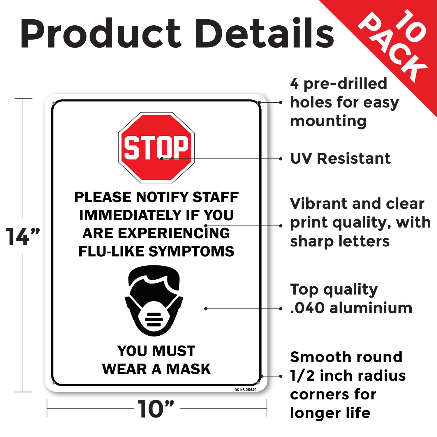 Stop Notify Staff If You Are Experiencing Flu-like Public Safety Sign 5/10 Pack