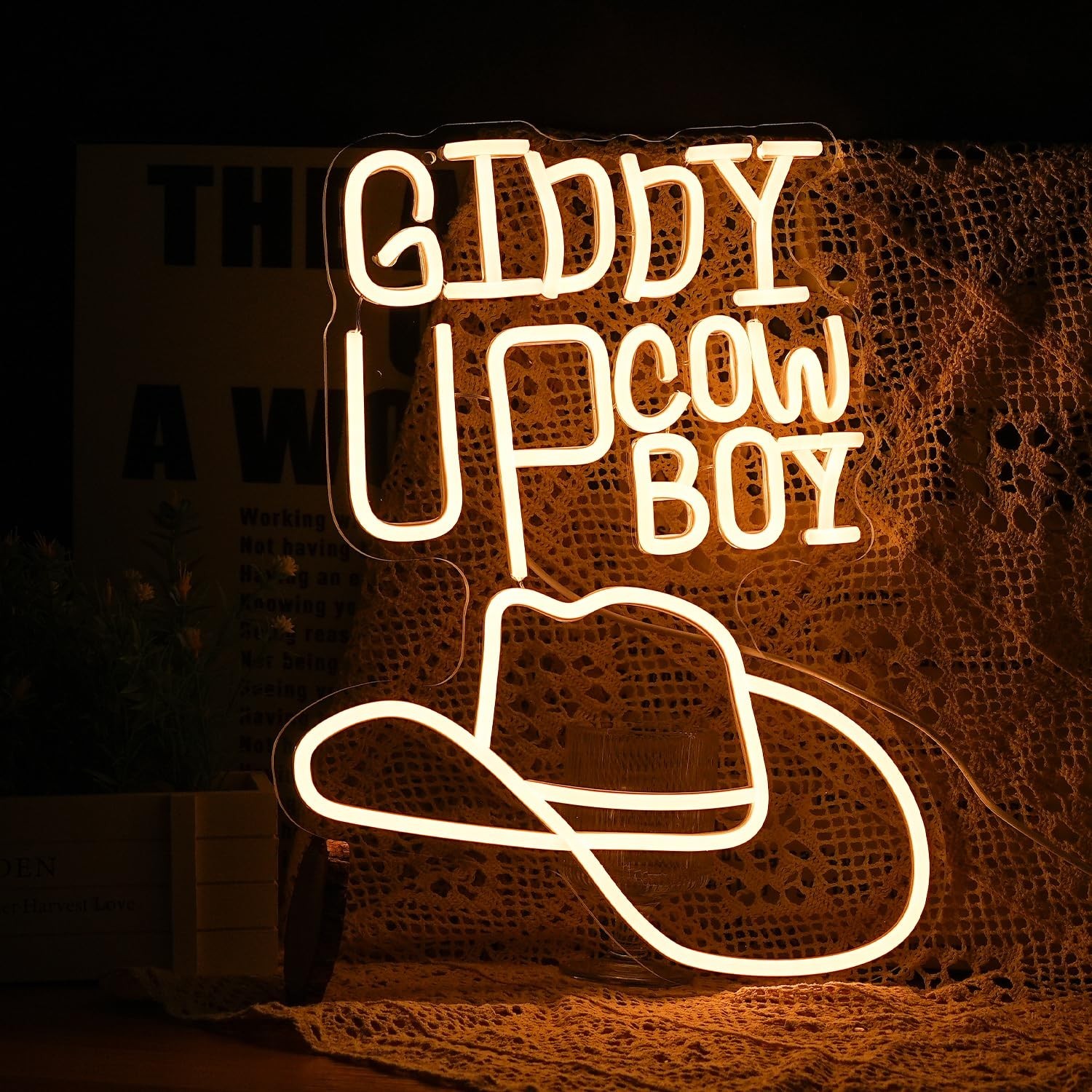 Giddy Up Neon Sign Dimmable Cowboy Neon Light For Wall Decor – Warm White LED…