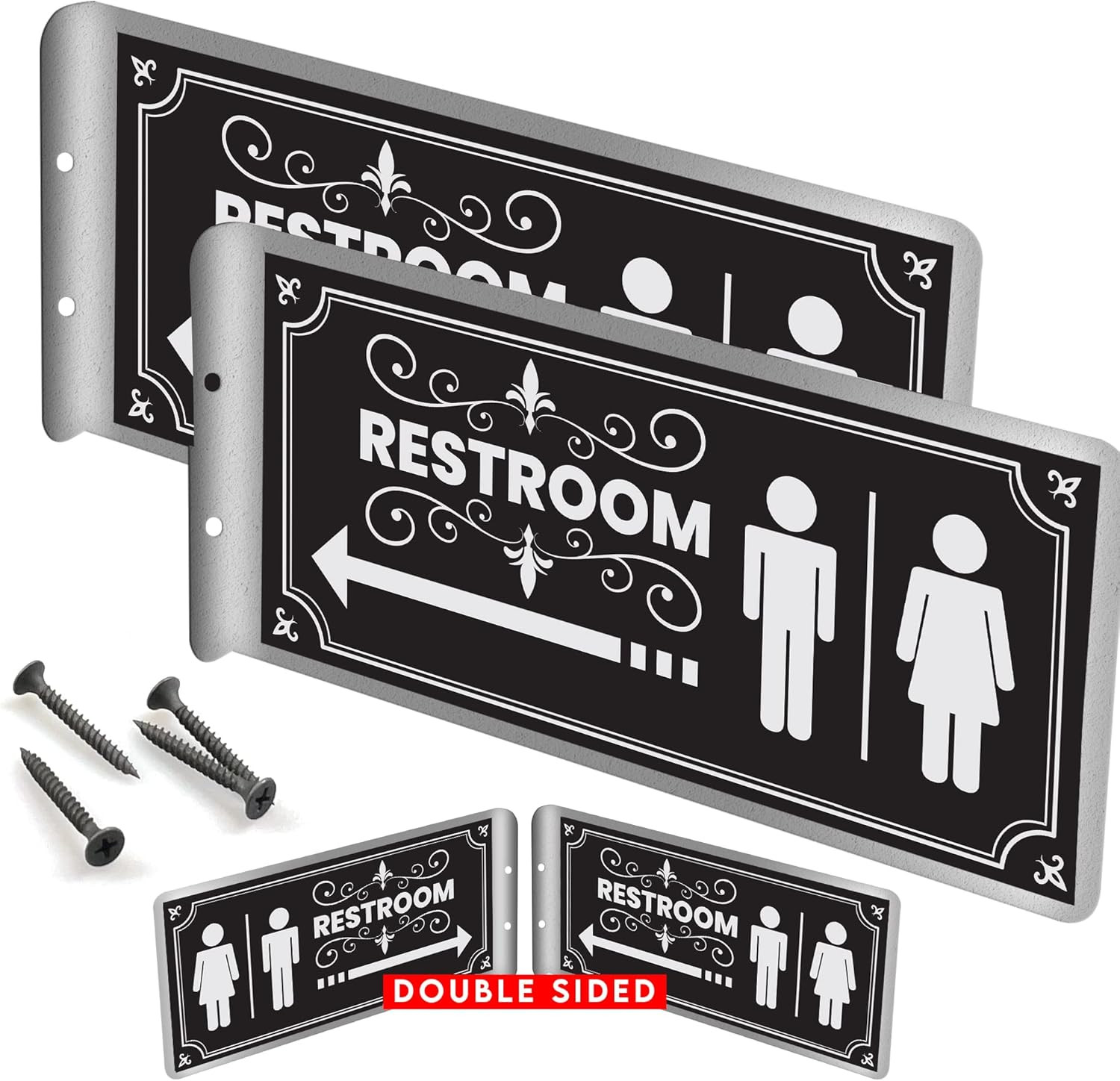 DOUBLE SIDED ALUMINUM RESTROOM SIGNS (2 PACK) METAL BATHROOM SIGNS for OFFICE or