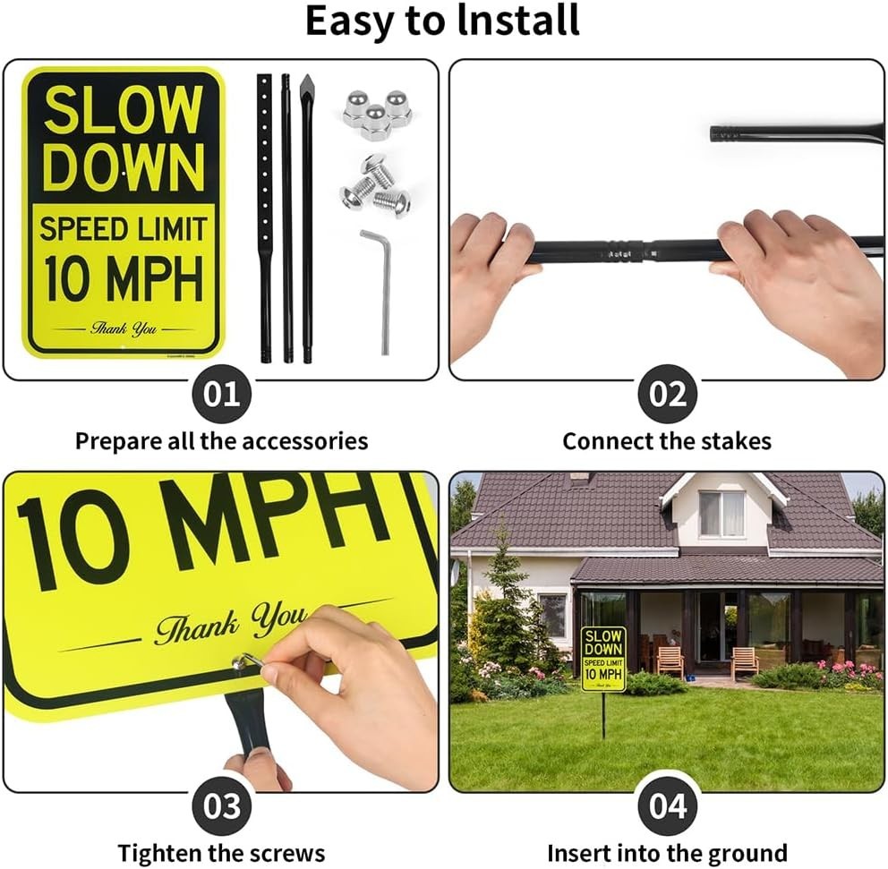 Large Slow Down Speed Limit 10 MPH Sign 54 Metal Stake 17 x 12 Aluminum