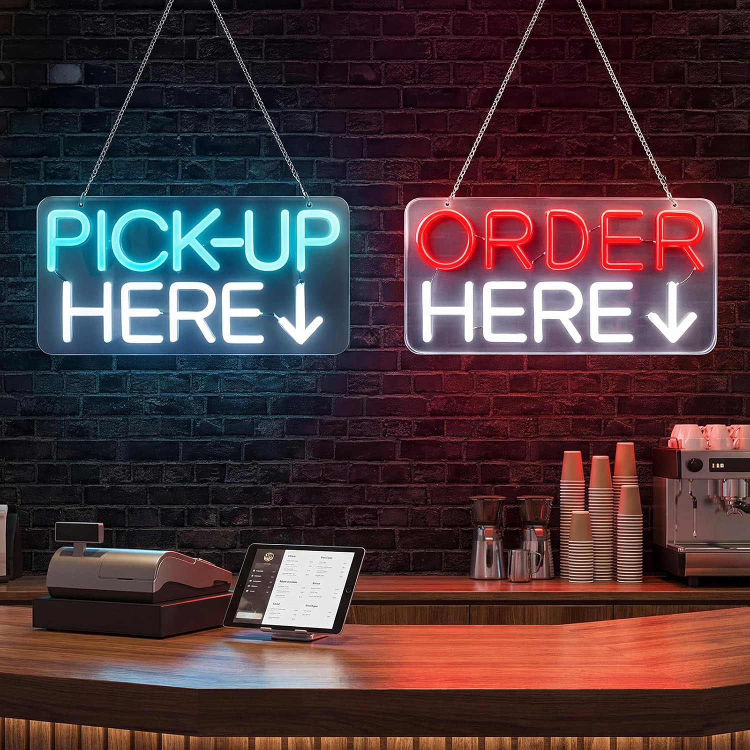 LED Order & Pick Up Here Signs – 2 Pack Neon Wall Decor for Business