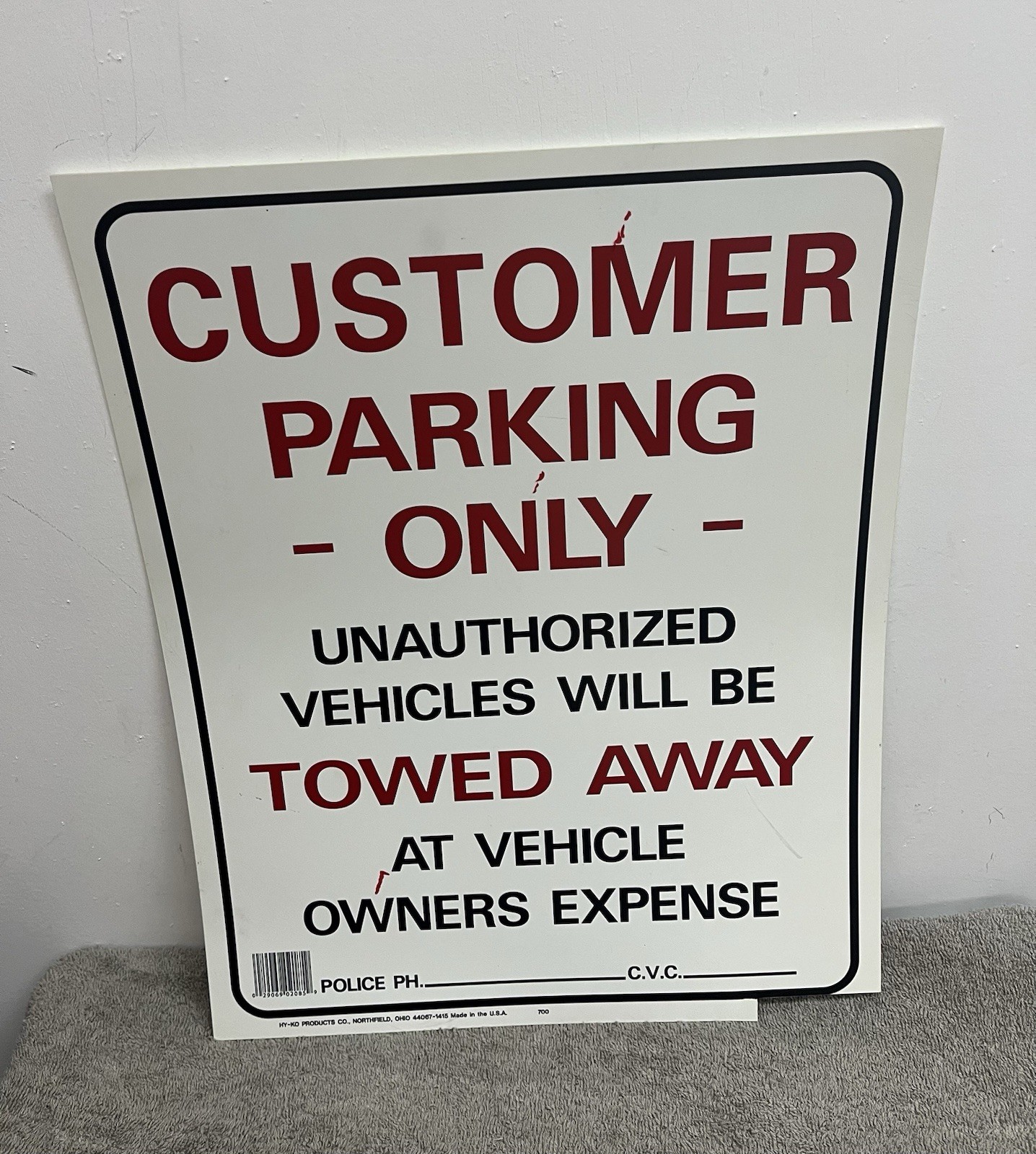 Customer Parking Only 19”x15” Plastic Sign HY-KO Products Inc. Made in USA