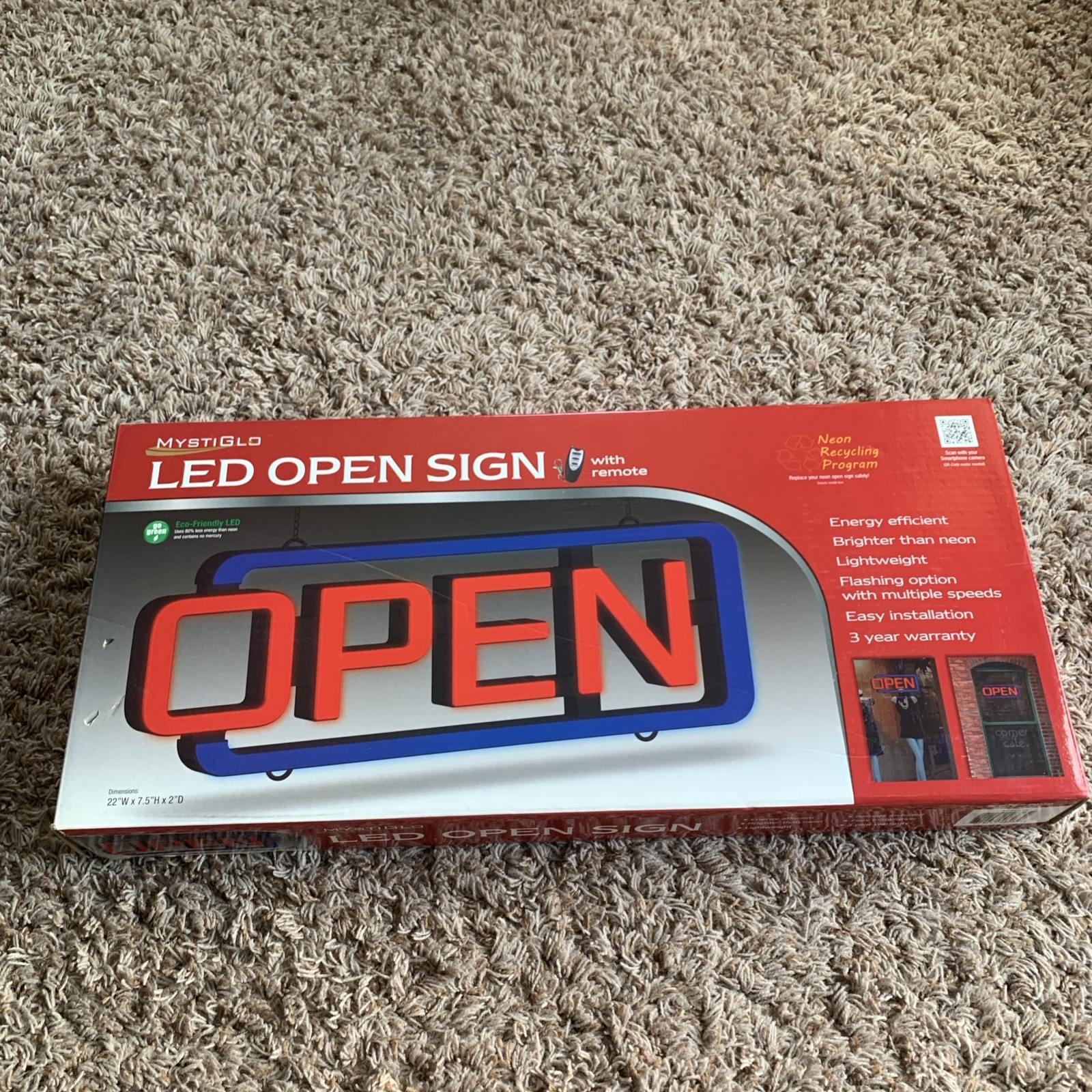 Mystiglo AC-01-RC LED OPEN Sign Red/Blue 22W X 7.5H X 2D Used
