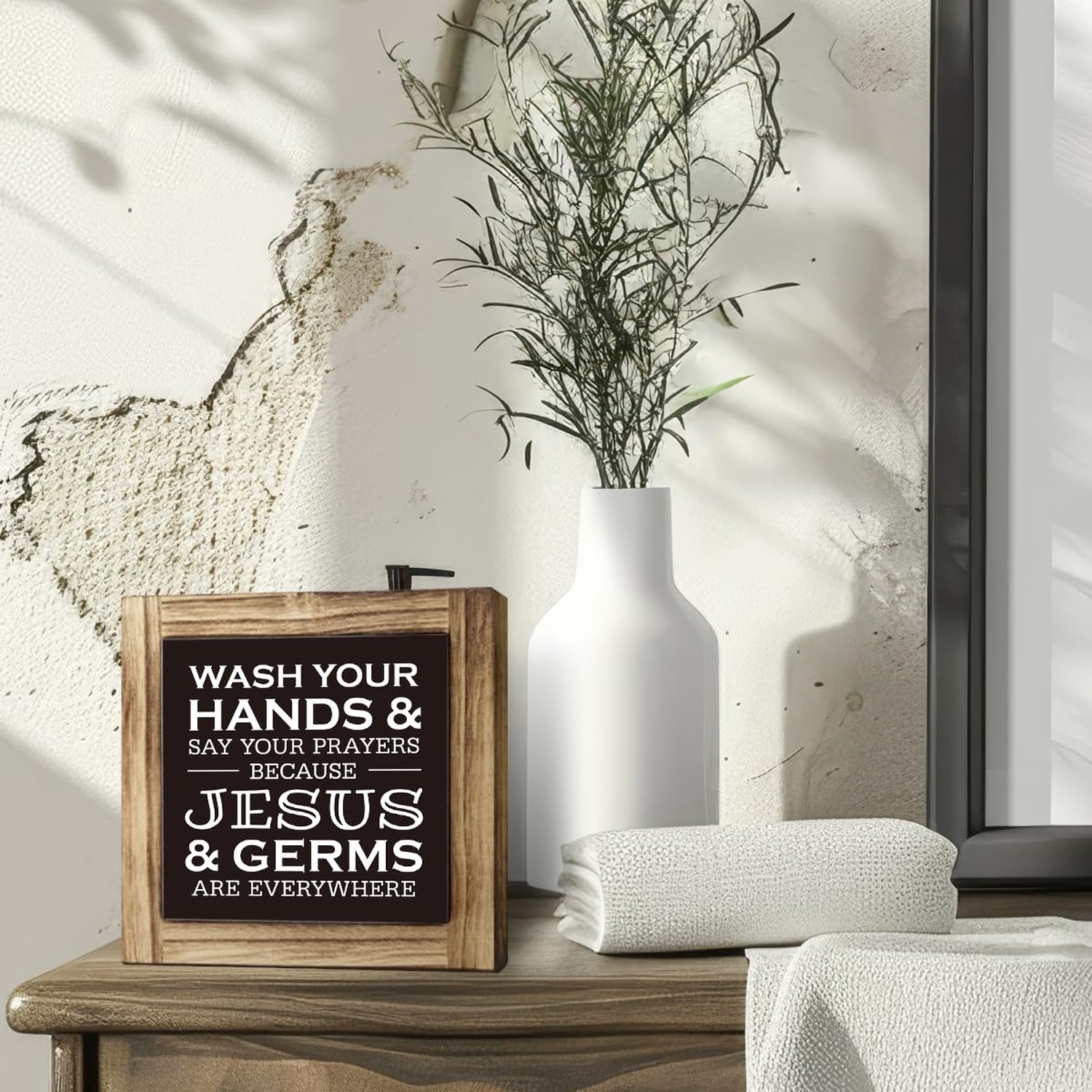Christian Bathroom Sign – Wash Hands & Prayers, Rustic Wooden Tabletop Art, F…