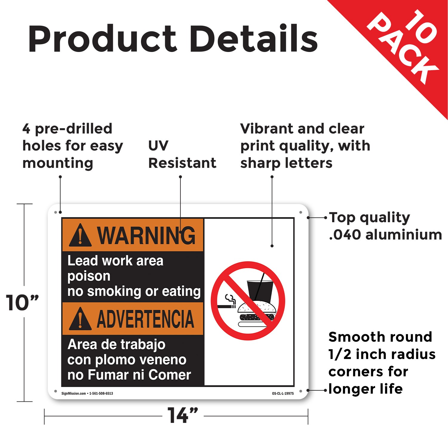 Warning Lead Work Area Poison No Smoking (Bilingual Spanish) OSHA Sign 5/10 Pack
