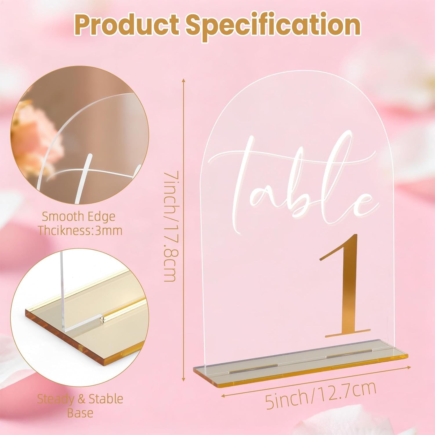Clear Acrylic Arch Wedding Numbers 115 With Stands DoubleSided 7×5 Inch Gold