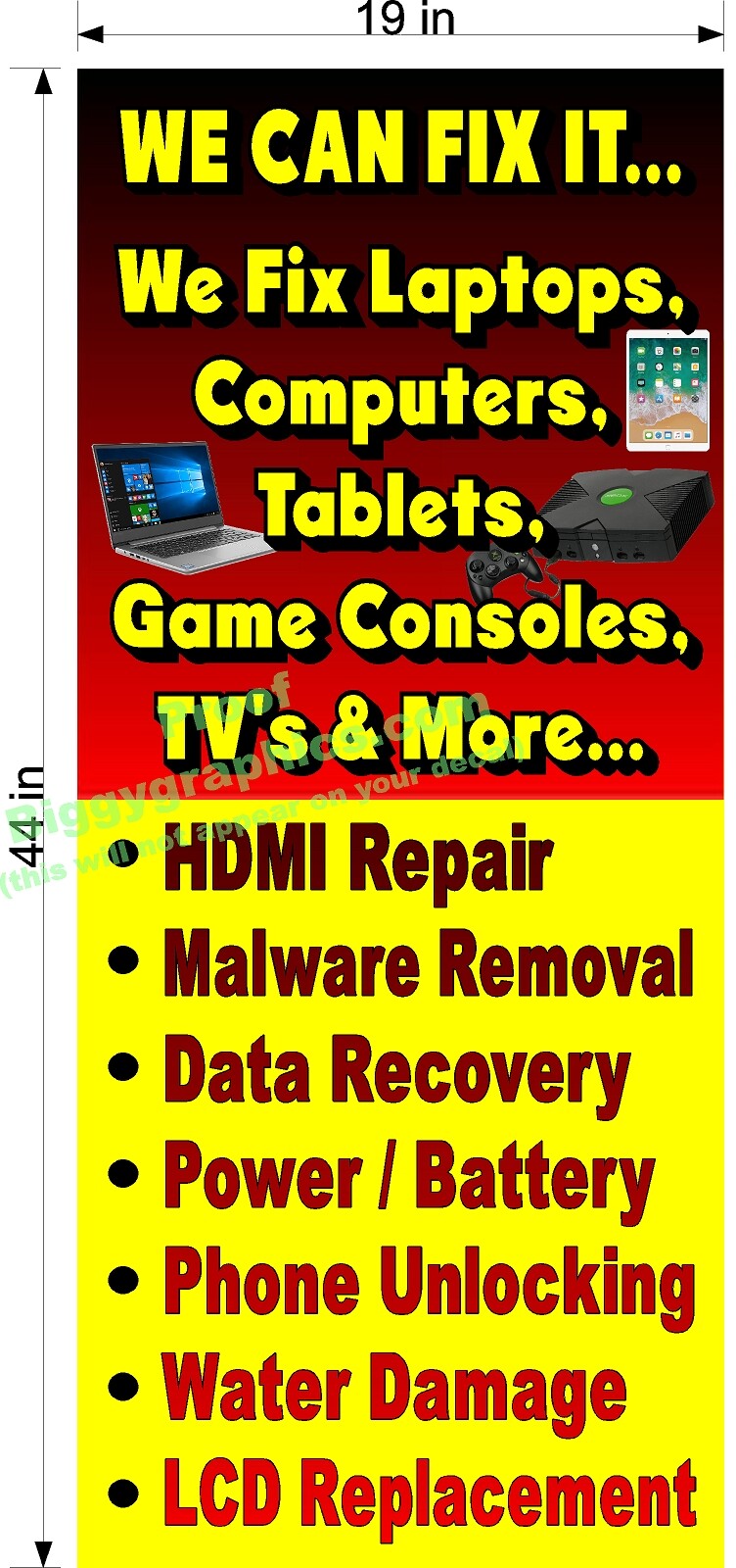 PERFORATED WINDOW VINYL DECAL 19&Prime; X 44&Prime; LAPTOP GAME CONSOLE TABLET REPAIRS