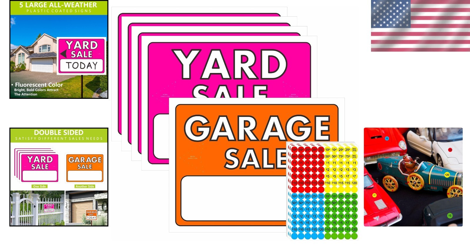 Yard Sale Sign Kit 5-Piece Double-Sided Neon Plastic Signs with 1400 Stickers