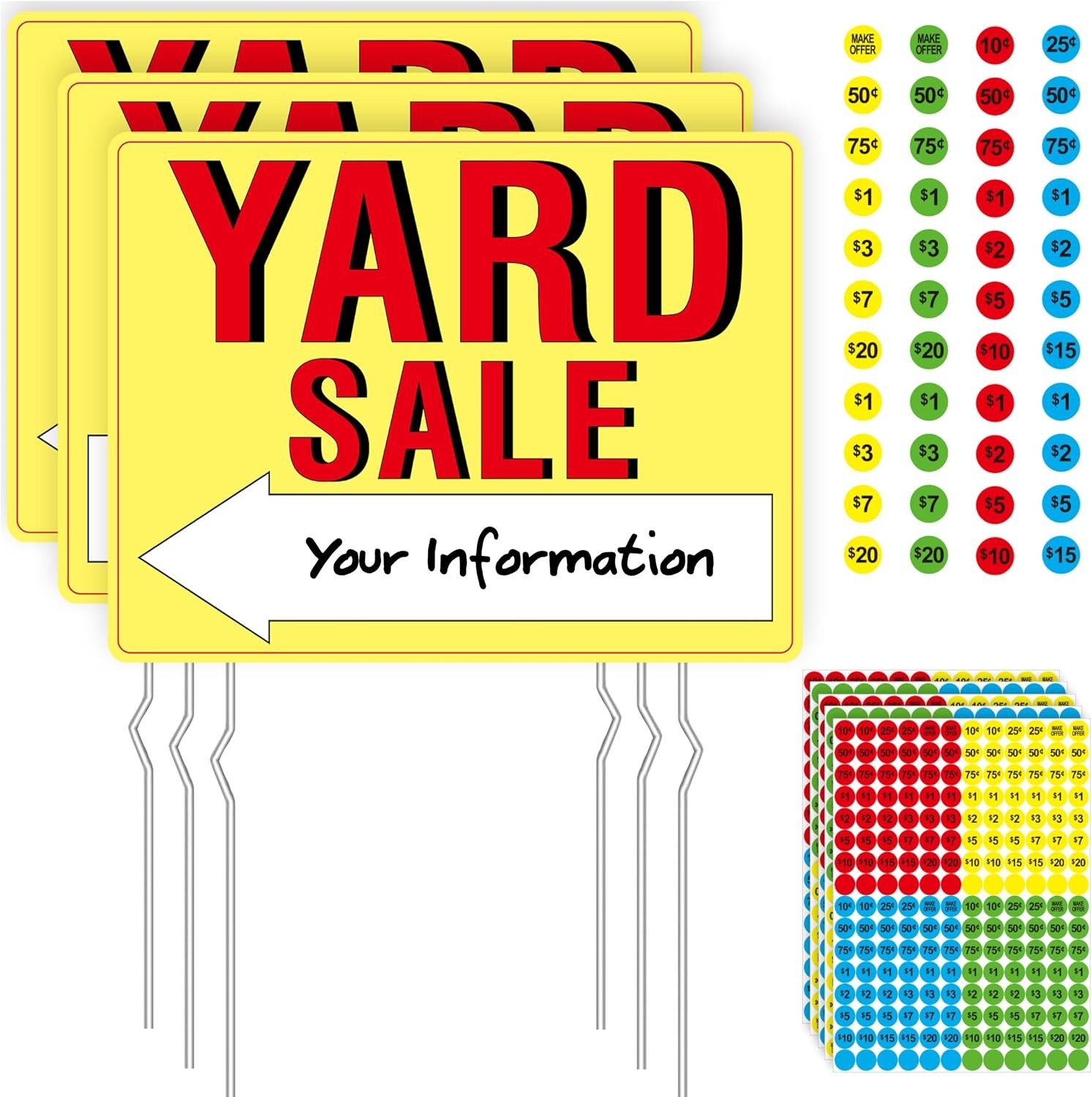 Eye-Catching Yellow Yard Sale Signs with Directional Arrows – 3PCS Complete Set