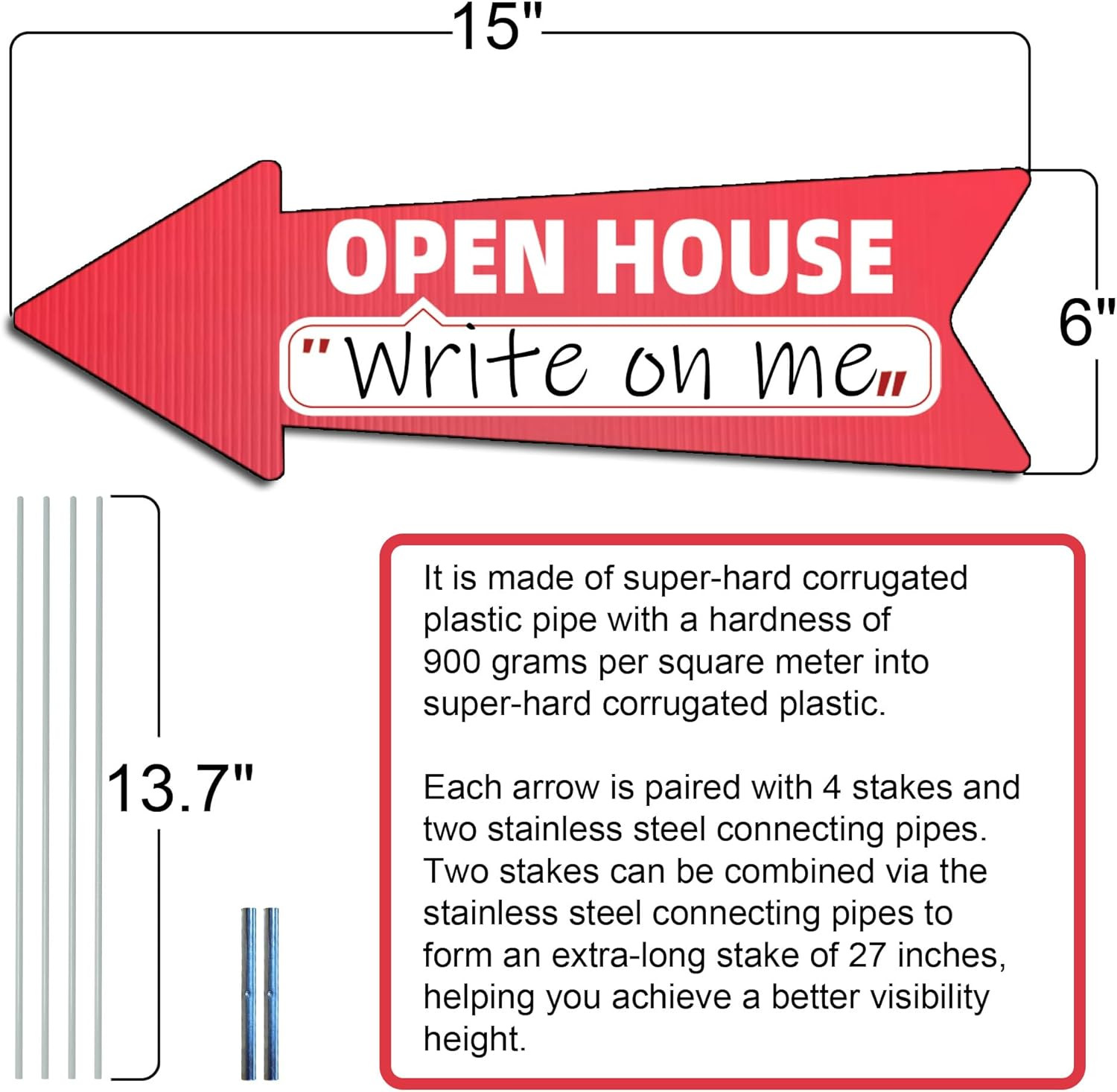 Open House Red Double – Sided Yard Sign with Arrows, 16&Prime; X 5&Prime; Inch, 12 Pcs 13.8&Prime;