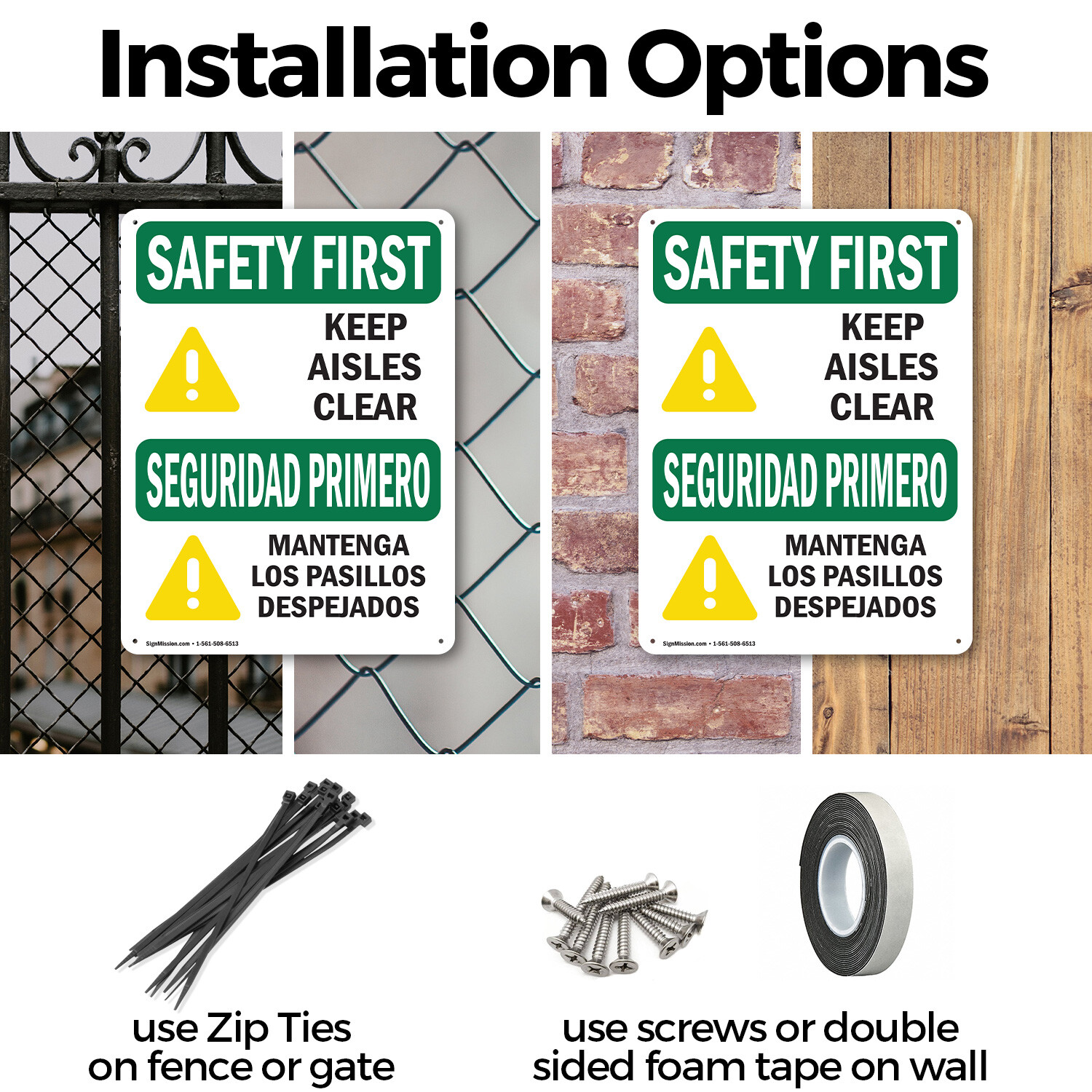 (2 Pack) Keep Aisles Clear Bilingual OSHA Safety First Sign Decal Metal Plastic