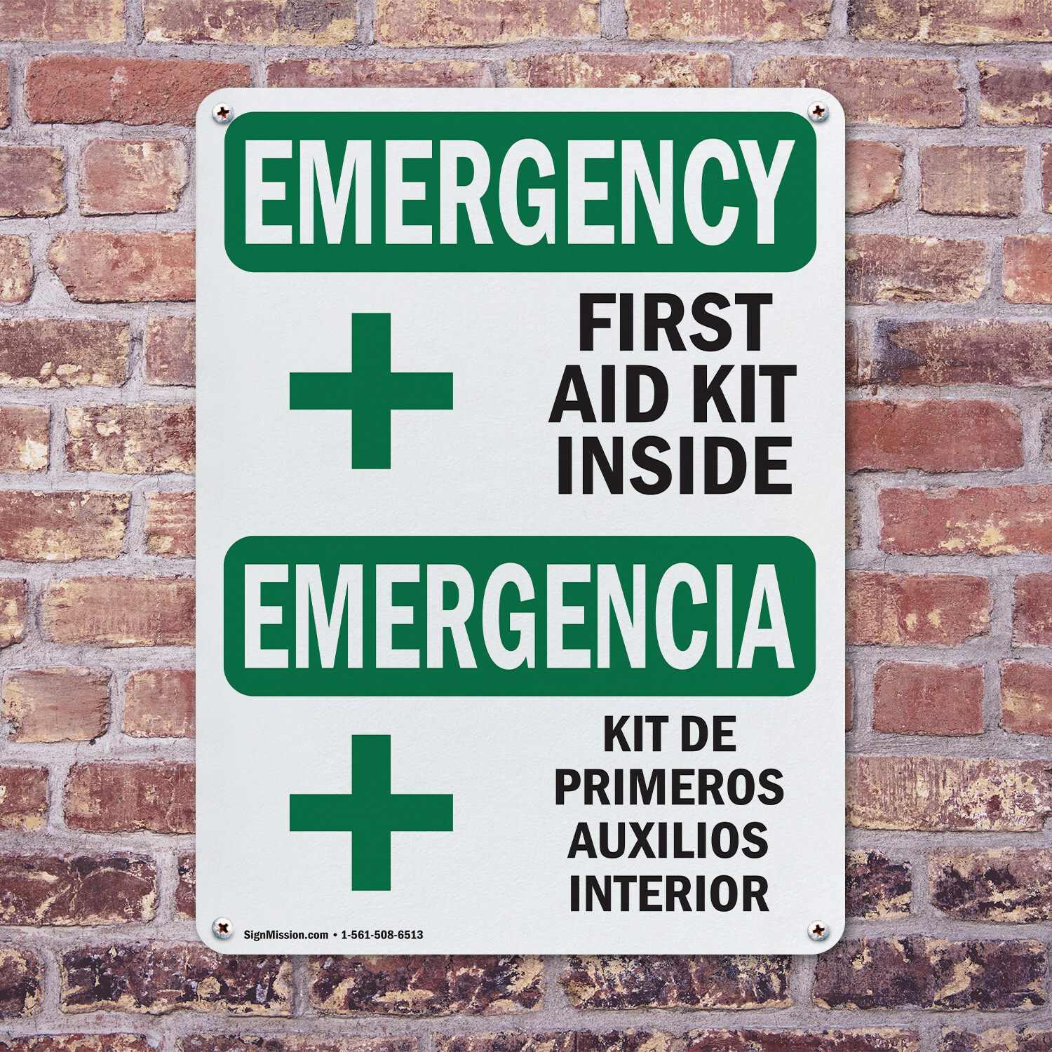 (2 Pack) First Aid Kit Inside Bilingual OSHA Emergency Sign Decal Metal Plastic