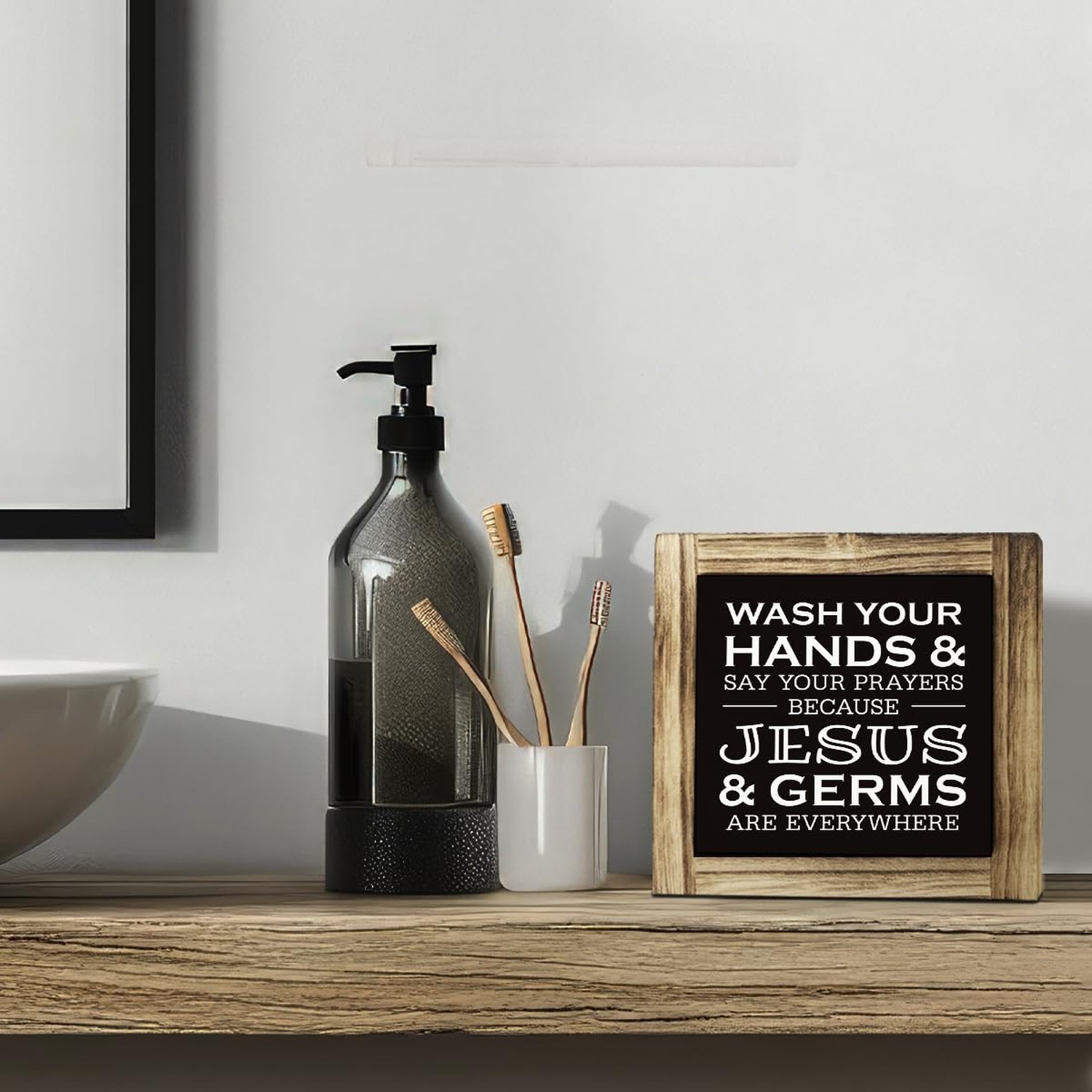 Christian Bathroom Sign – Wash Hands & Prayers, Rustic Wooden Tabletop Art, F…