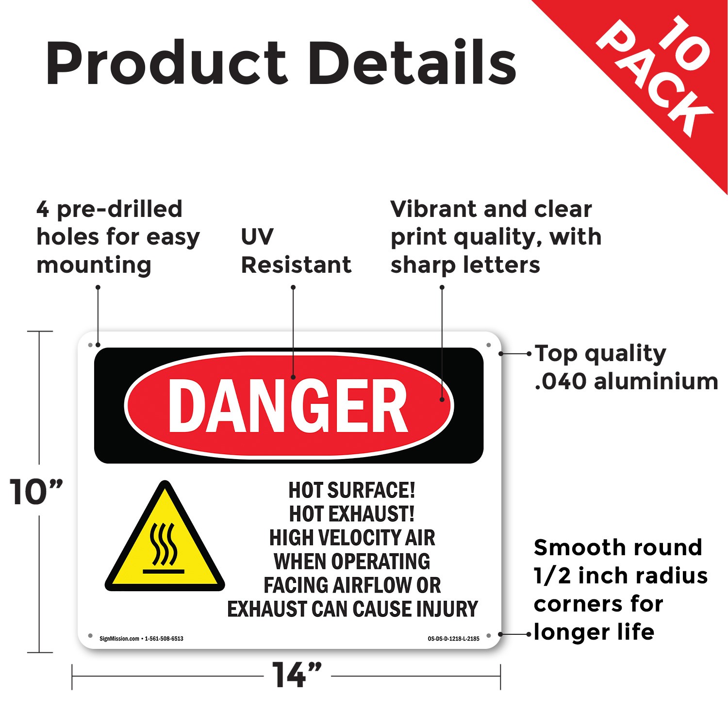 Hot Surface! Hot Exhaust! High OSHA Danger Sign Metal,, Decal 5 or 10 Pack