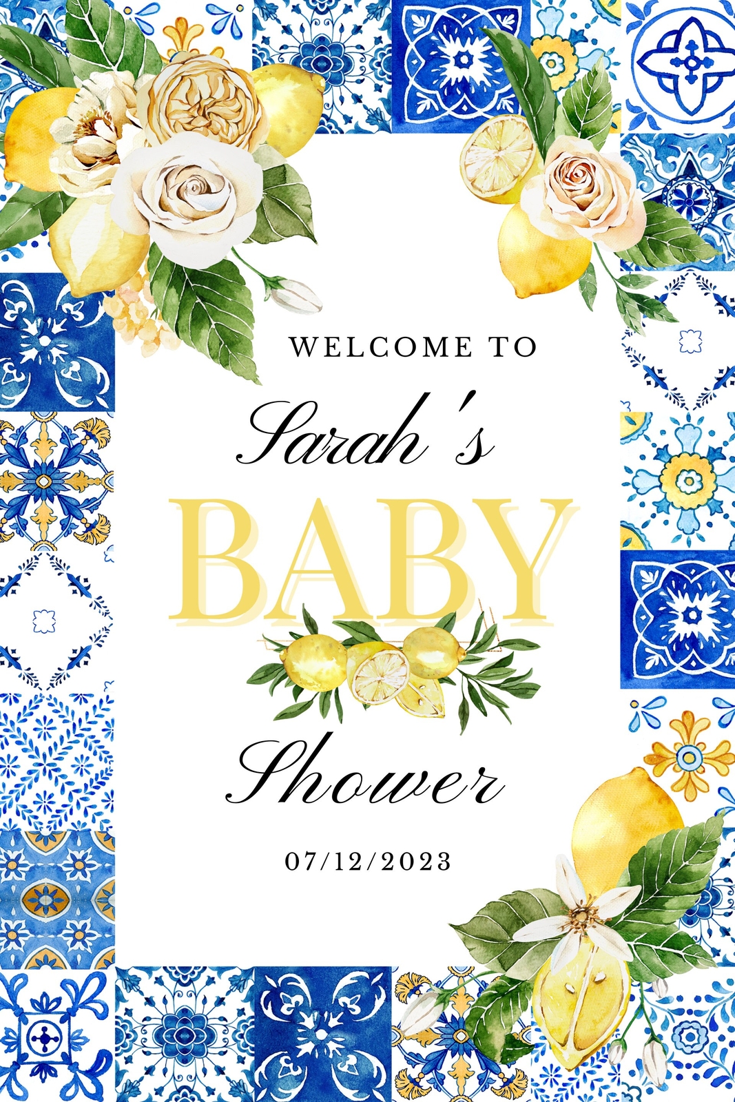 Lemon Italian Themed Welcome Sign Baby Shower Bridal Shower Yellow Blue Tile Ge