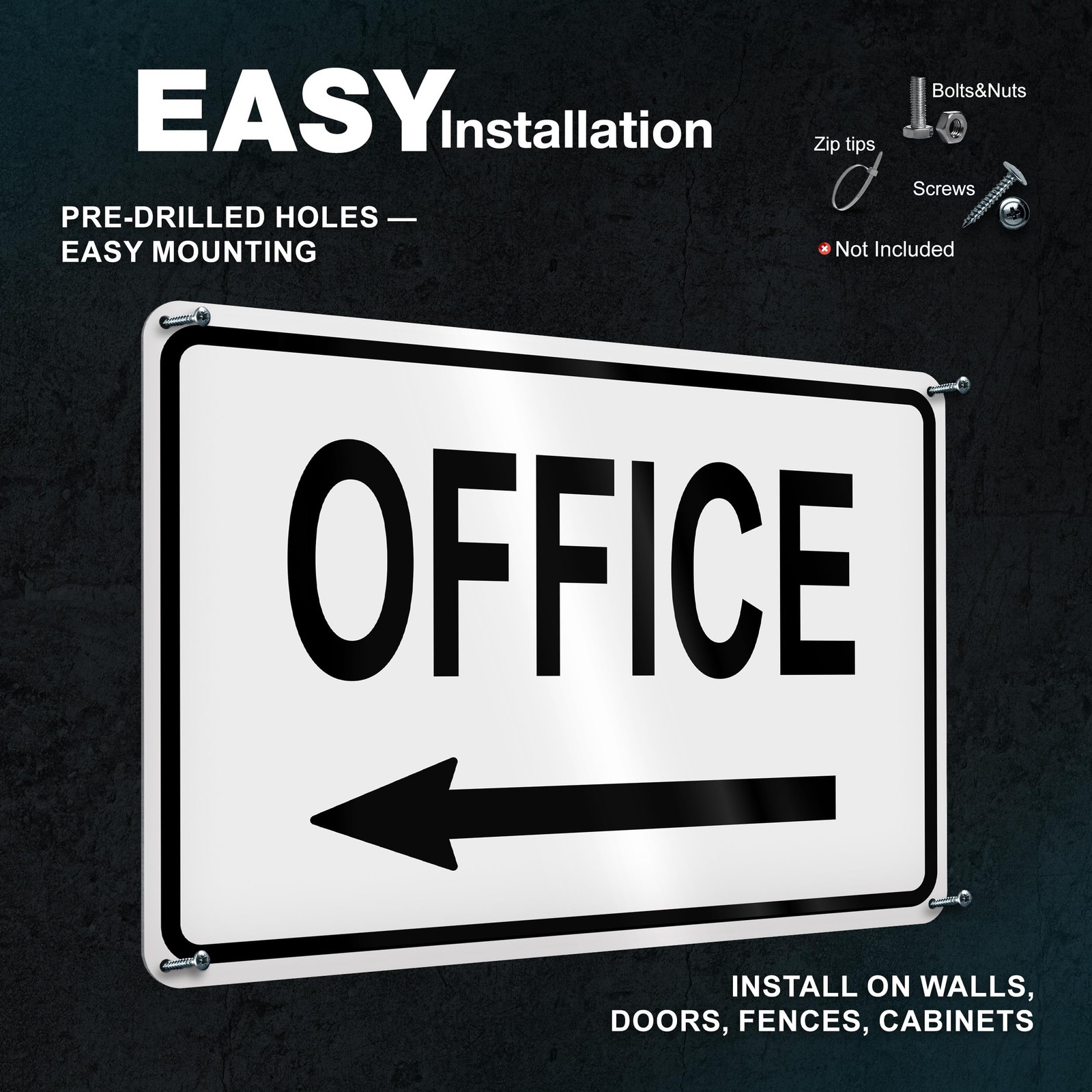 Office Sign with Left Arrow, 8×12 Reflective Aluminum, Pre-Drilled