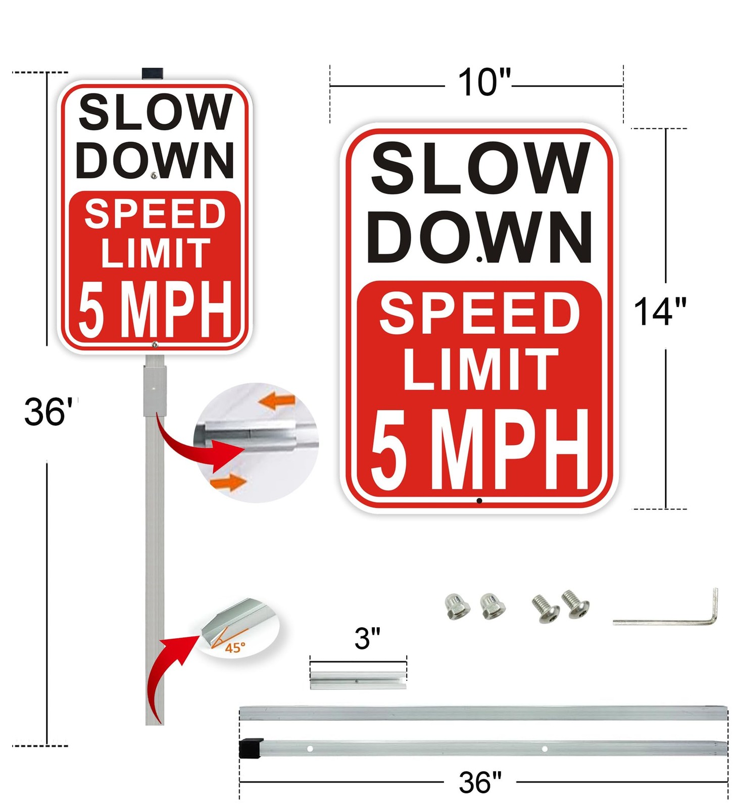 2 PCS Slow Down Speed Limit 5 MPH Sign 36 Inch Stakes 14×10 Inch Aluminum