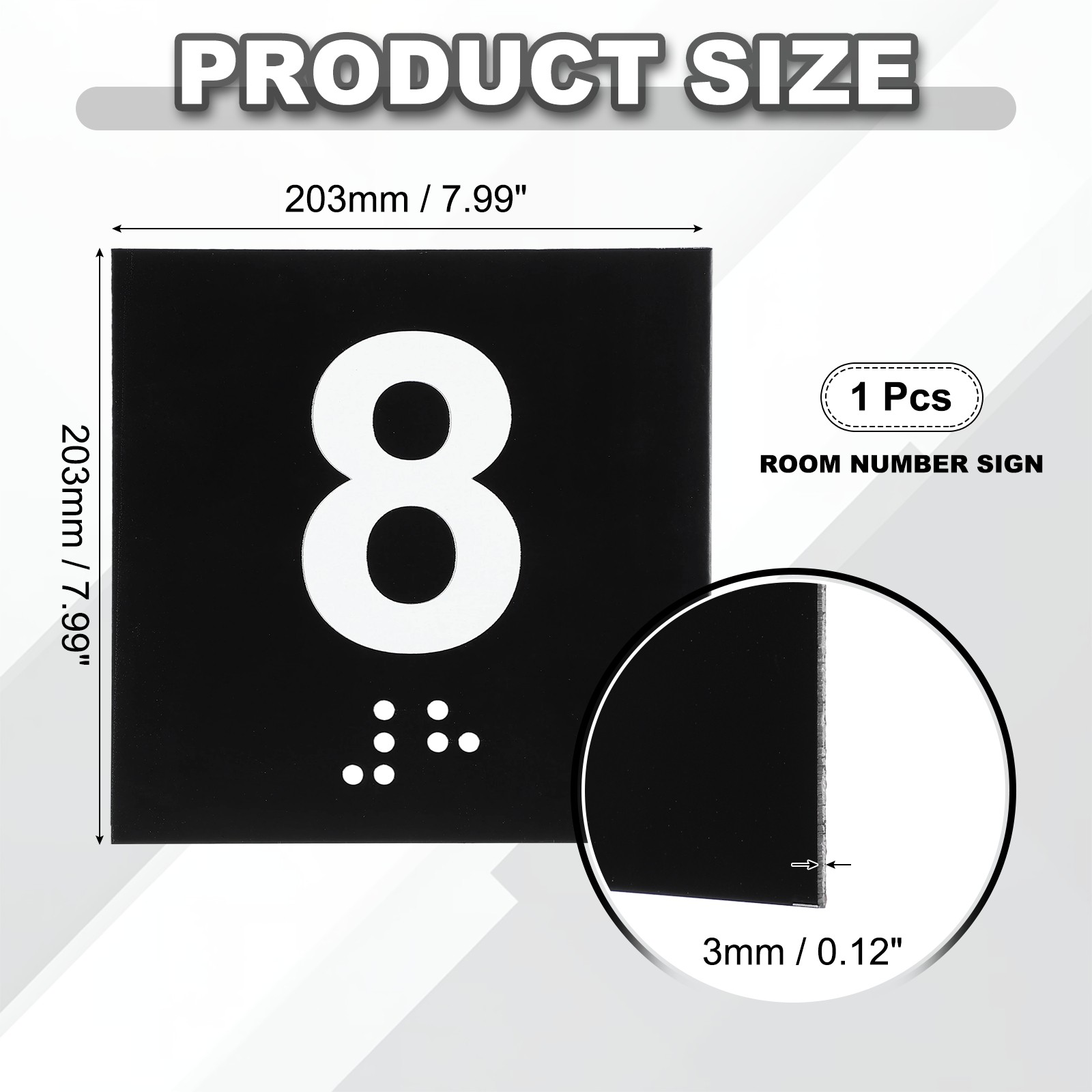 Exam Room Number Sign, 8&Prime; x 8&Prime; Number 8 Sign with Braille, White on Black