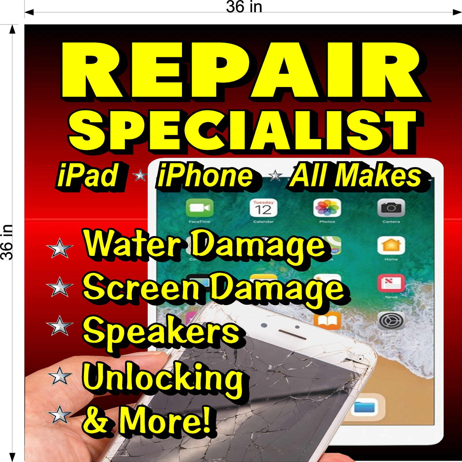 NEW! PERFORATED WINDOW VINYL DECAL 3&prime; X 3&prime; REPAIR SPECIALIST IPAD IPHONE