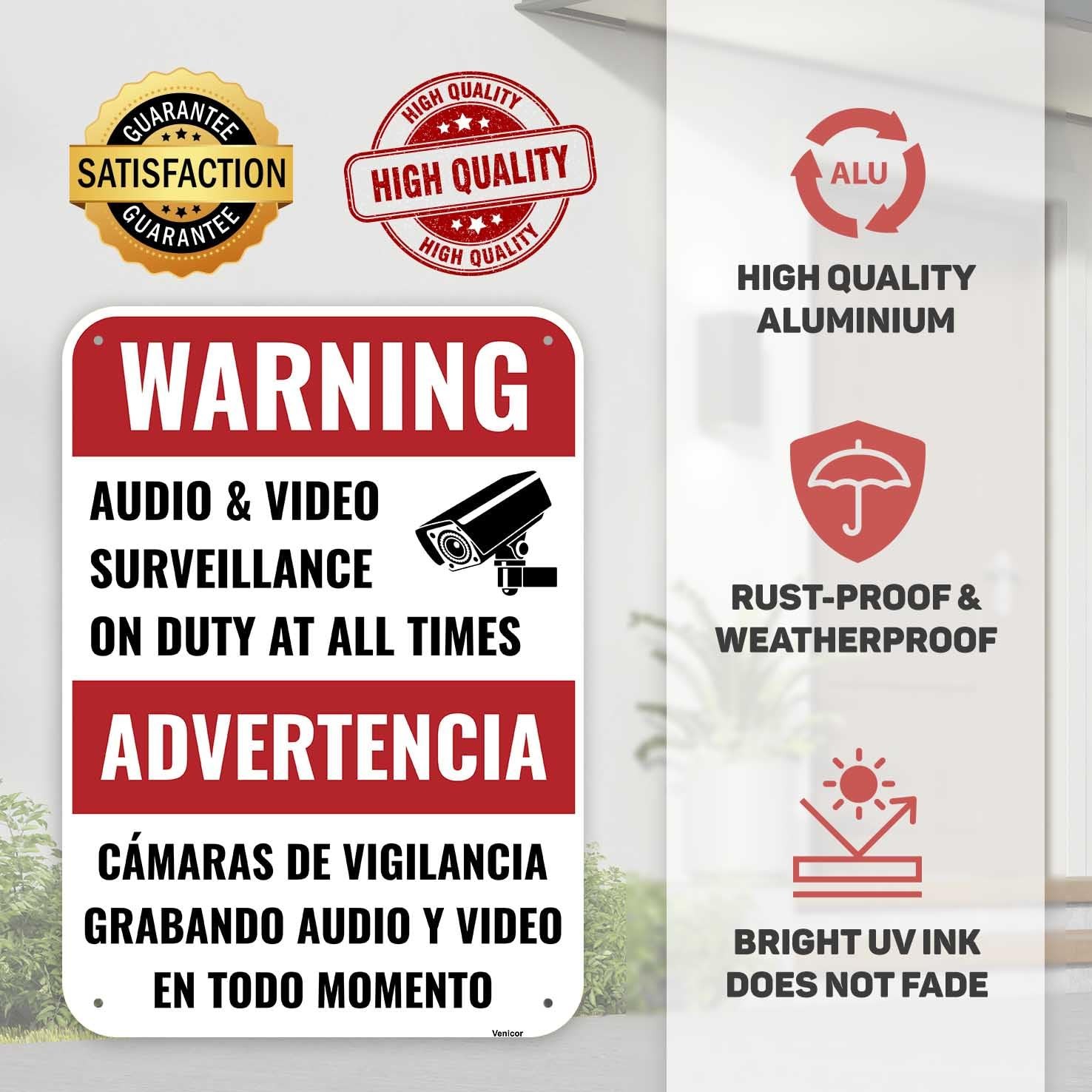 1PC Video and Audio Surveillance Camera Security Bilingual Sign, 14 x 10 Inch…