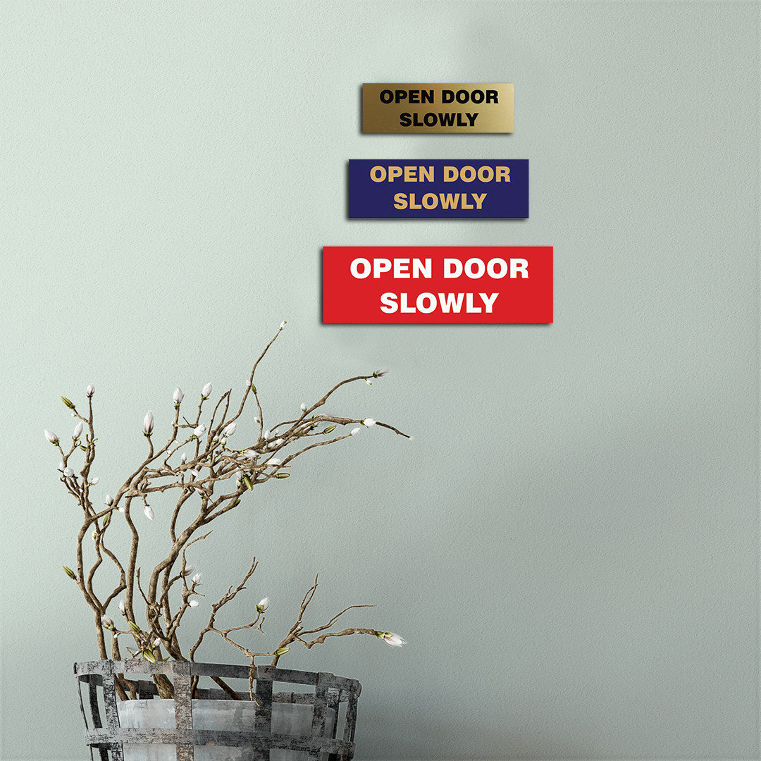 Basic OPEN DOOR SLOWLY Sign – Black / Gold (Large) 3 x 9&Prime;