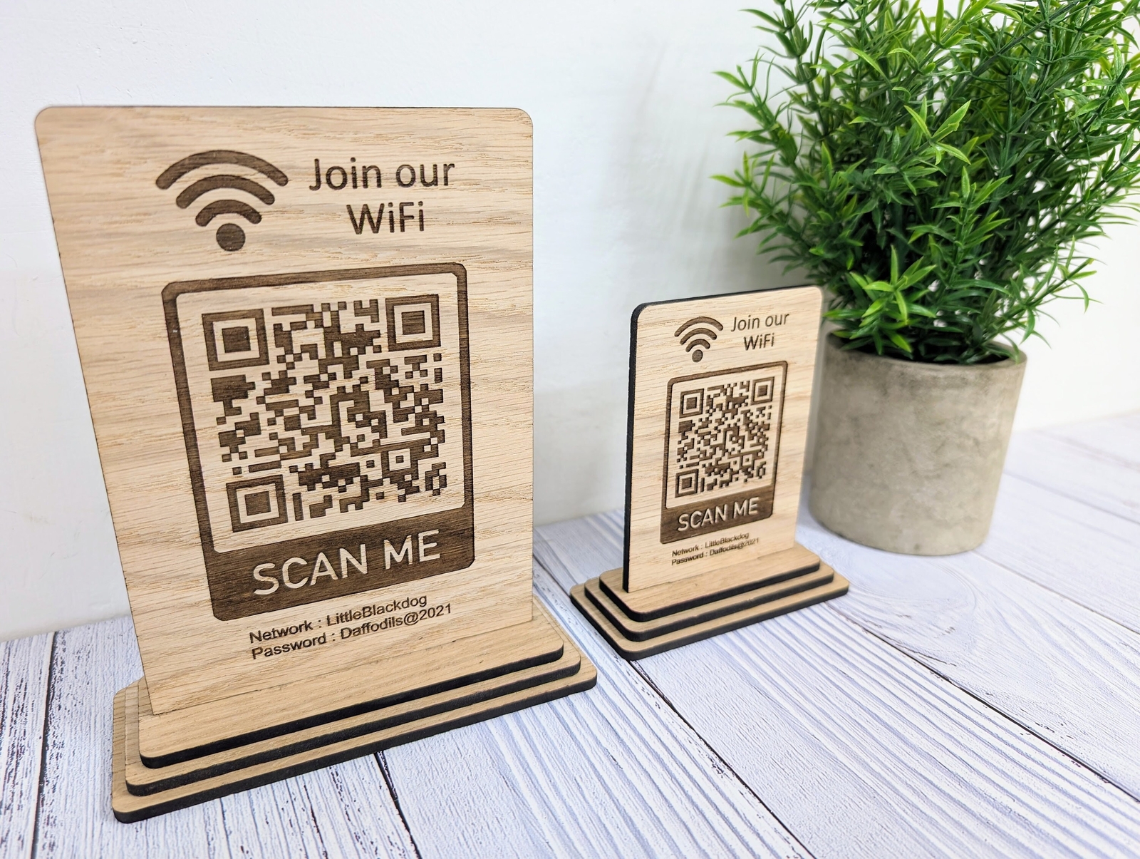 Wooden WiFi QR Code Sign, Network Password Table Display, 2 Sizes, 1 or 2 Sided