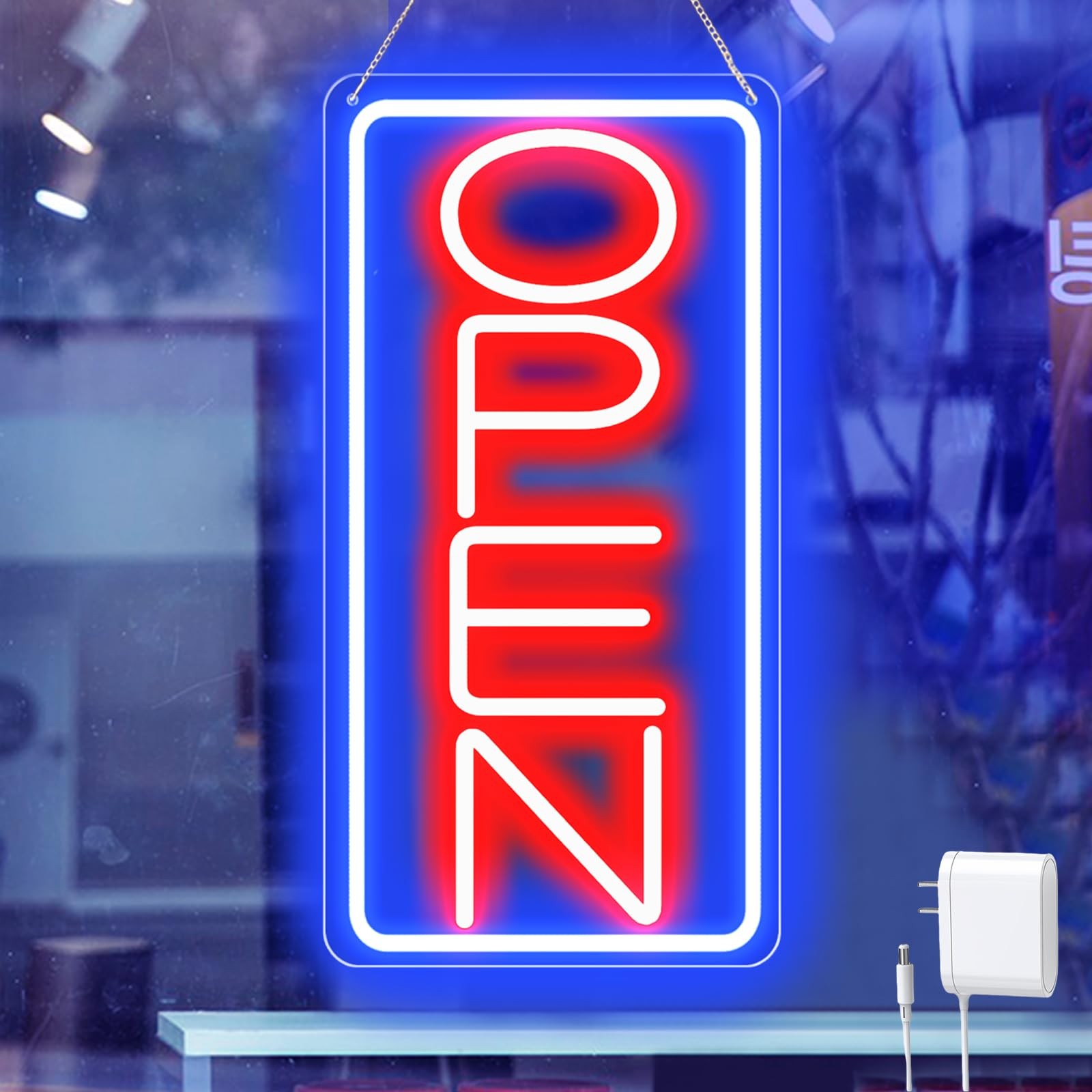 16.5&Prime; X 9&Prime; Led Neon Open Signs 16.5×9 inch with AC Adapter, Blue/Red-Vertical