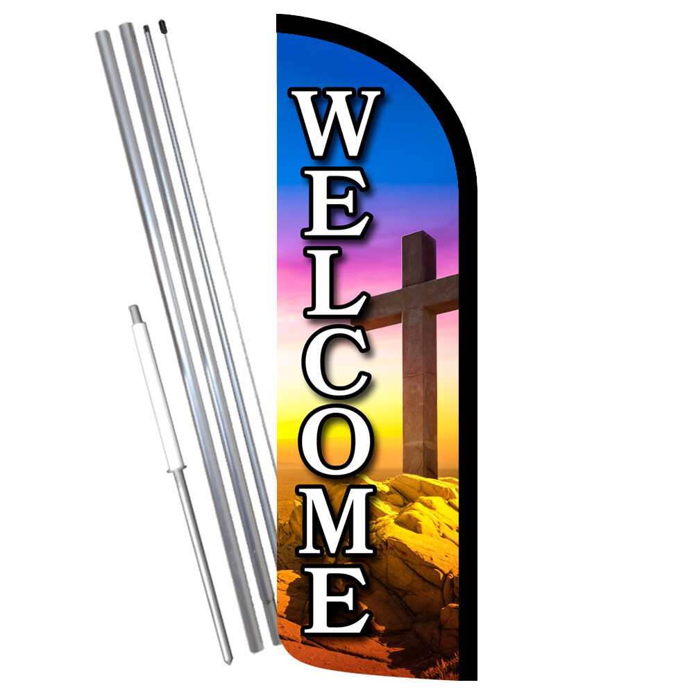 Welcome – Church Cross Premium Windless Feather Flag Bundle (Complete Kit) OR Op