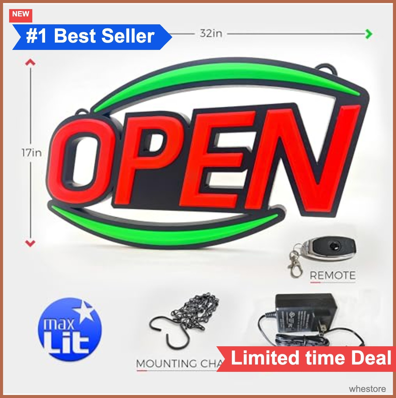 LED Open Sign 32×17 Inch Ultra Bright Red Green Remote Control Wall Mountable