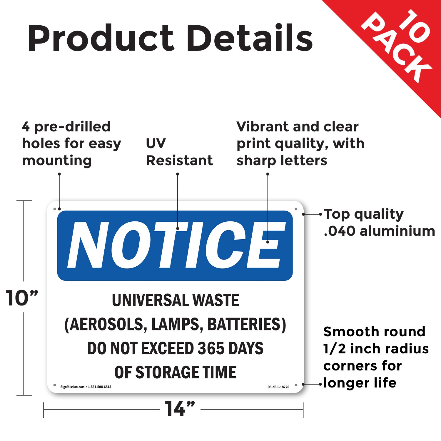 Universal Waste (Aerosols Lamps Batteries) OSHA Notice Sign, Decal 5 or 10 Pack
