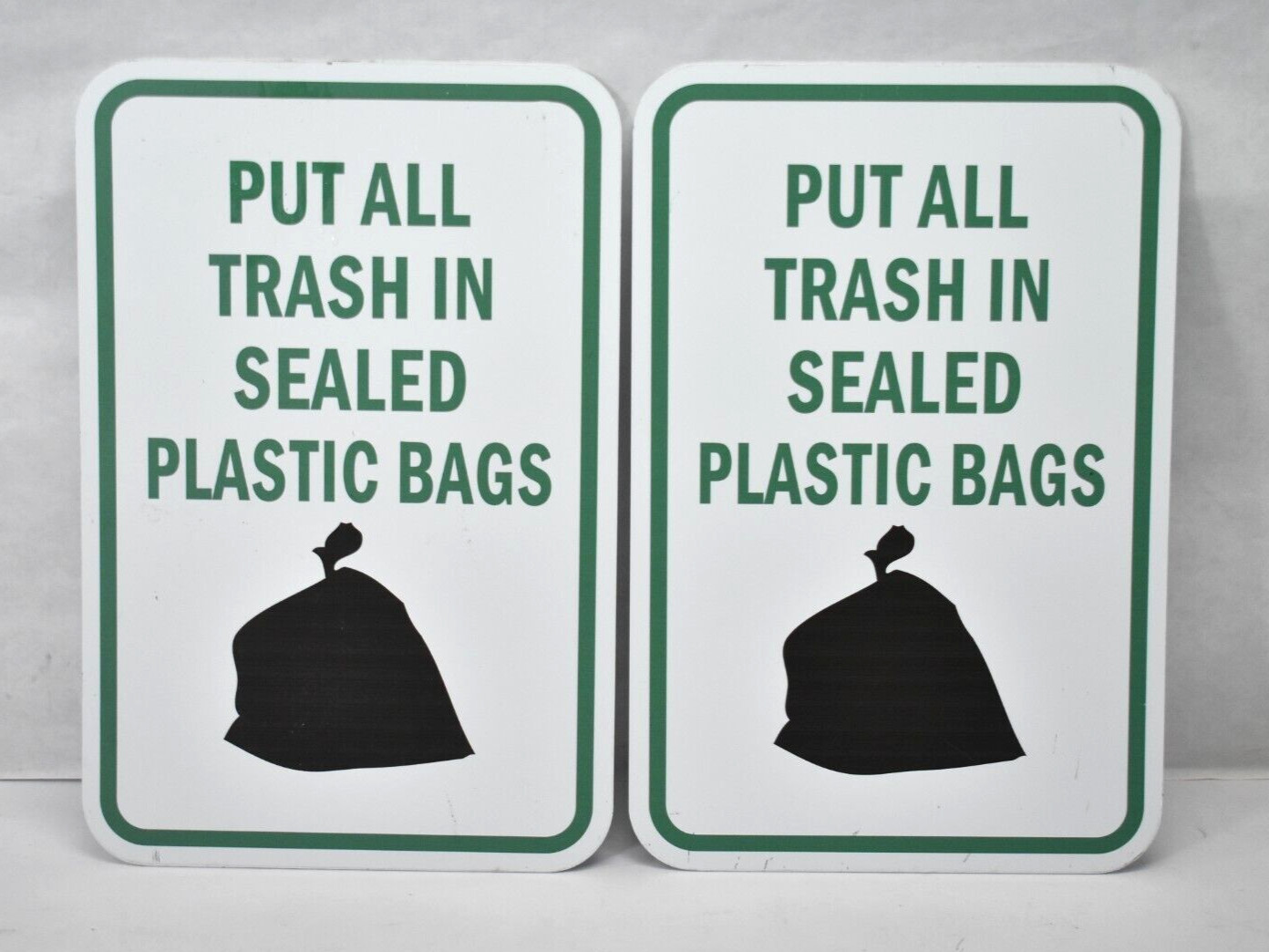Lot of 2 Put All Trash In Sealed Plastic Bags Aluminum Signs 12&Prime;x18&Prime; Green/White
