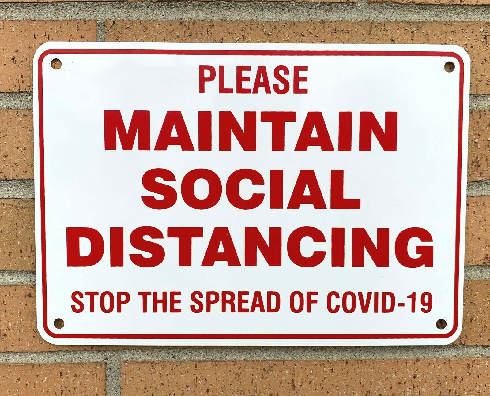 PLEASE MAINTAIN SOCIAL DISTANCING 7&Prime; X 10&Prime; WARNING SIGN, METAL, HEAVY DUTY