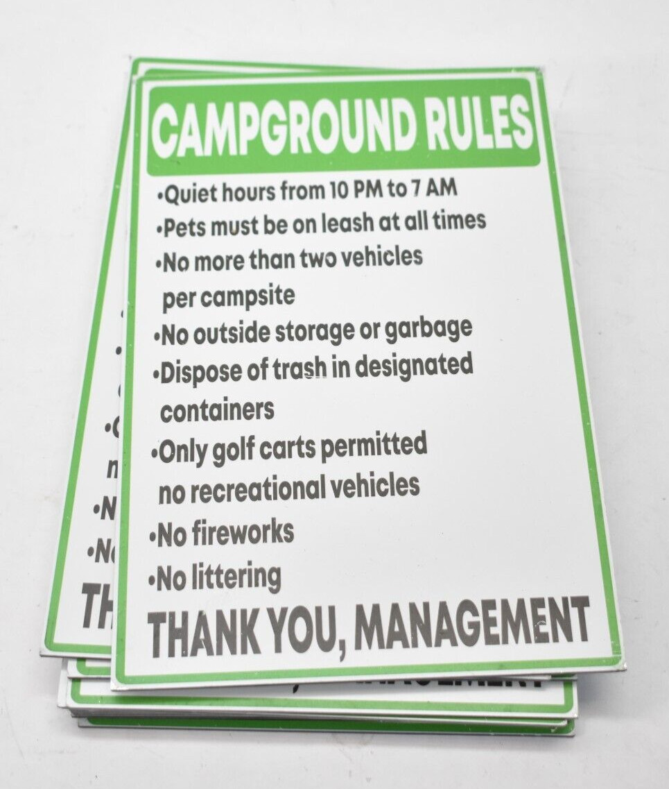 Lot of 11 Campground Rules Signs Green/White Thank You Management 12&Prime; x 8&Prime;