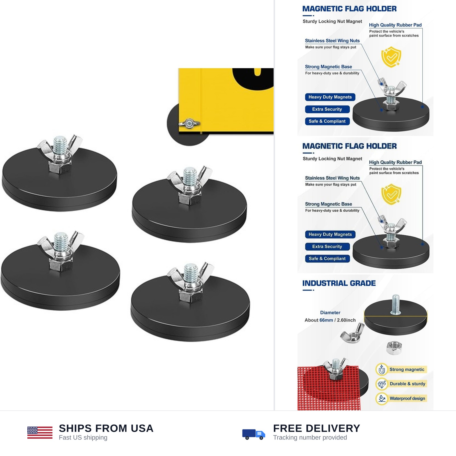 4Pcs Rubber Coated Heavy Duty Magnetic Flag Holder for Oversize Load Signs, S…