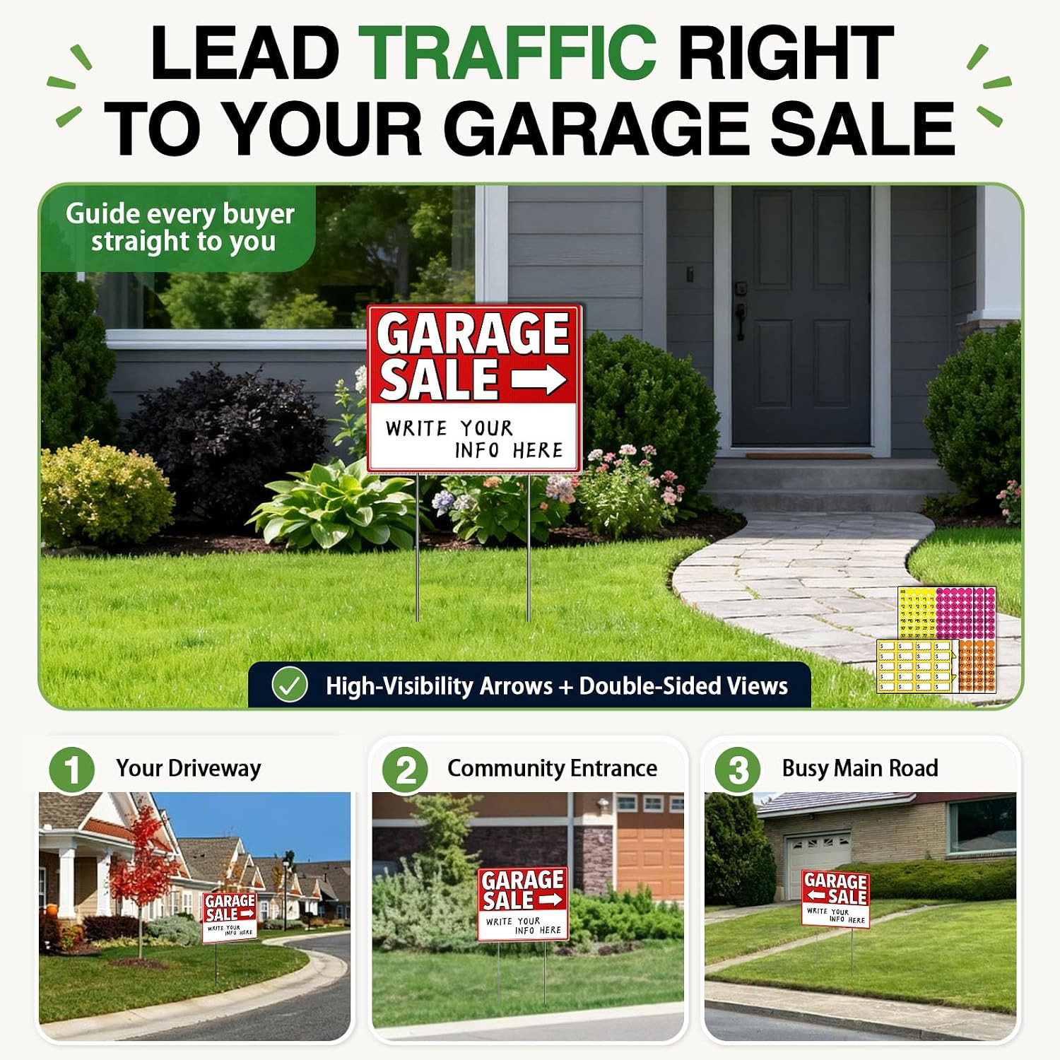 Garage Sale Signs with Stakes (3 Pack Kit) – Double Sided Yard Sale Signs with H