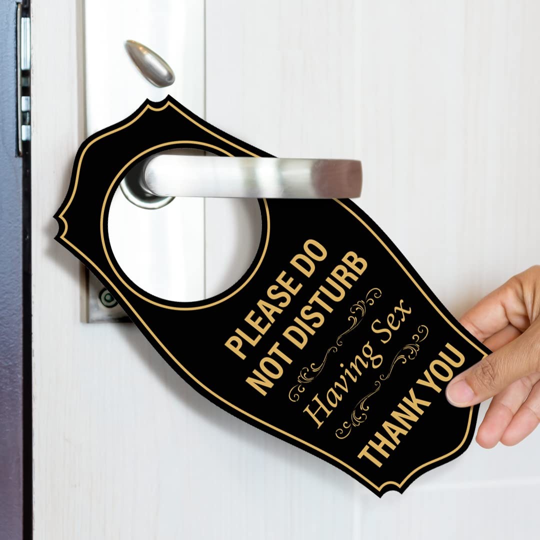 Please Do Not Disturb Having Sex Thank You Door Hanger Black Gold 4×8 Inch