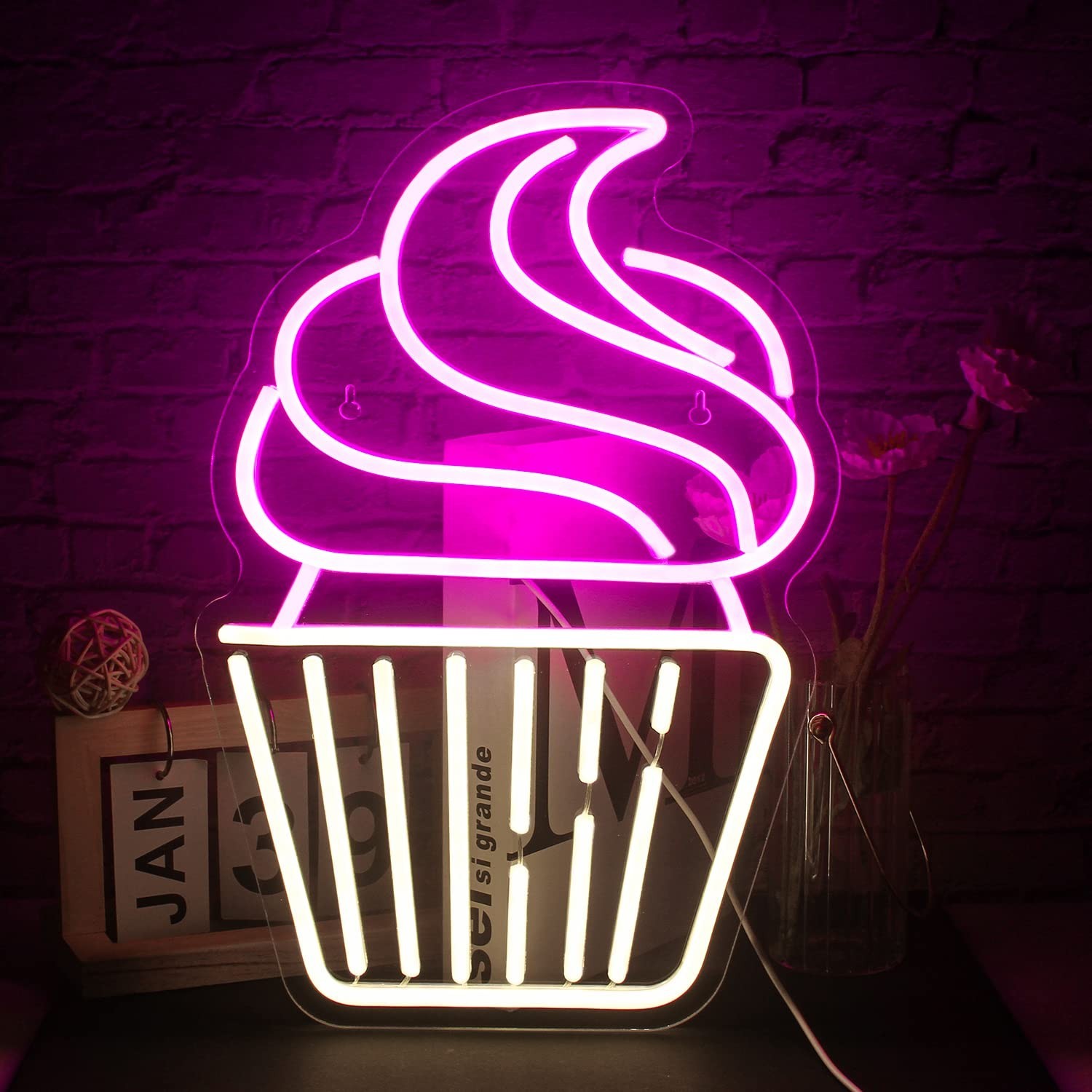 Cupcake Neon Sign Led Pink Warm White Neon Lights for Wall Decor Usb Light Up…