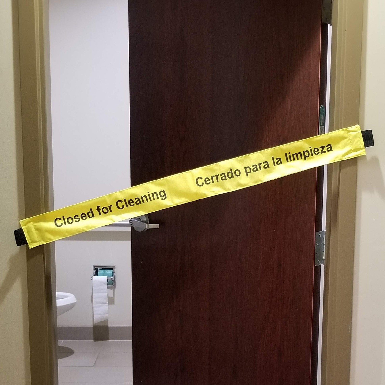 Restroom Closed for Cleaning Sign Magnetic Ends 2 Pack Bilingual 42&Prime;x3.5&Prime;