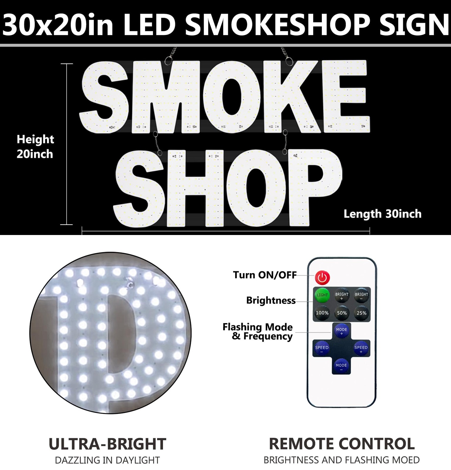 LED SMOKE SHOP Sign for Business,30&Prime;x20&Prime; Smoke Shop Vape Store Sign with Remo…