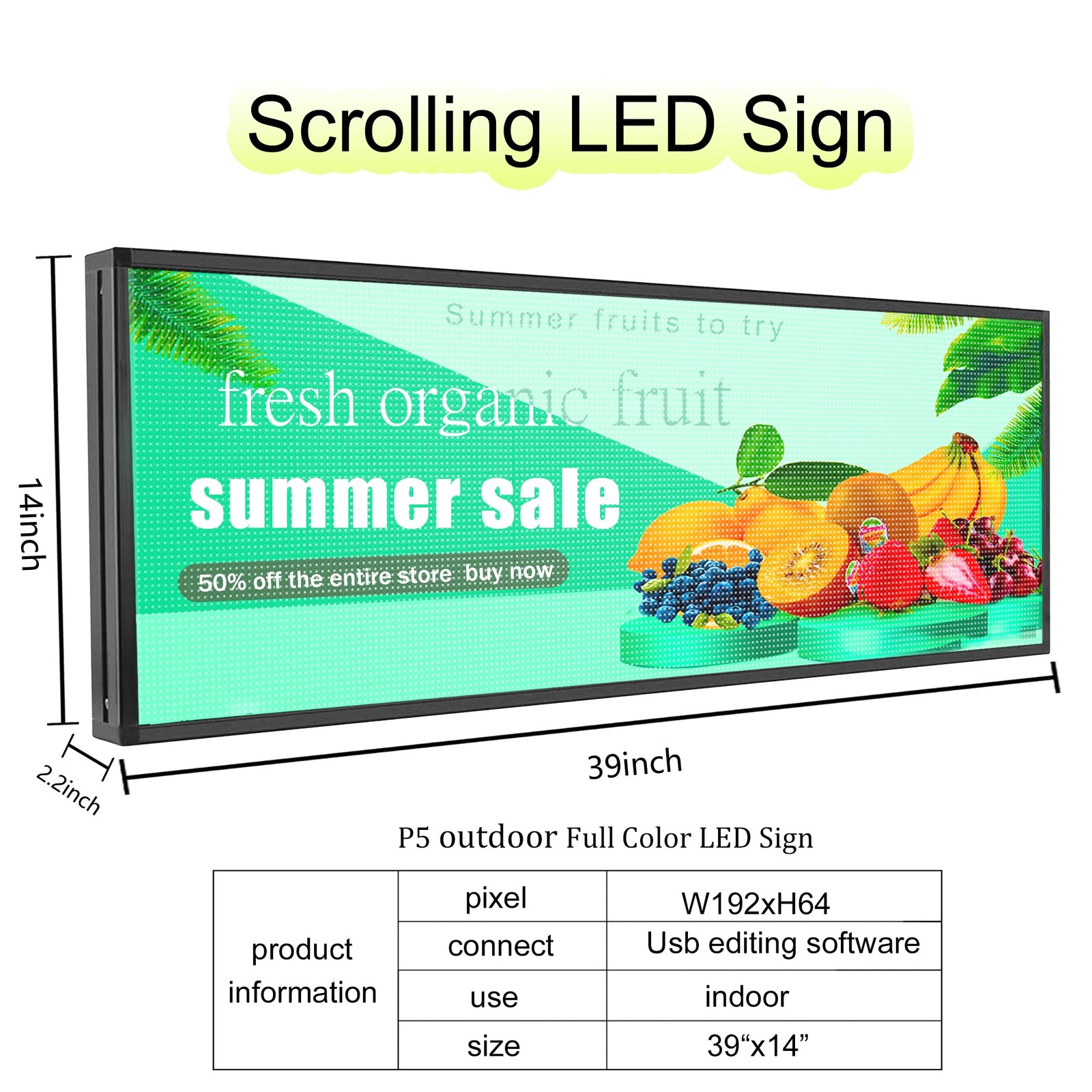 P5 Programmable Scrolling LED Business Sign 39&Prime;x14&Prime; Outdoor Waterproof IP65 W…