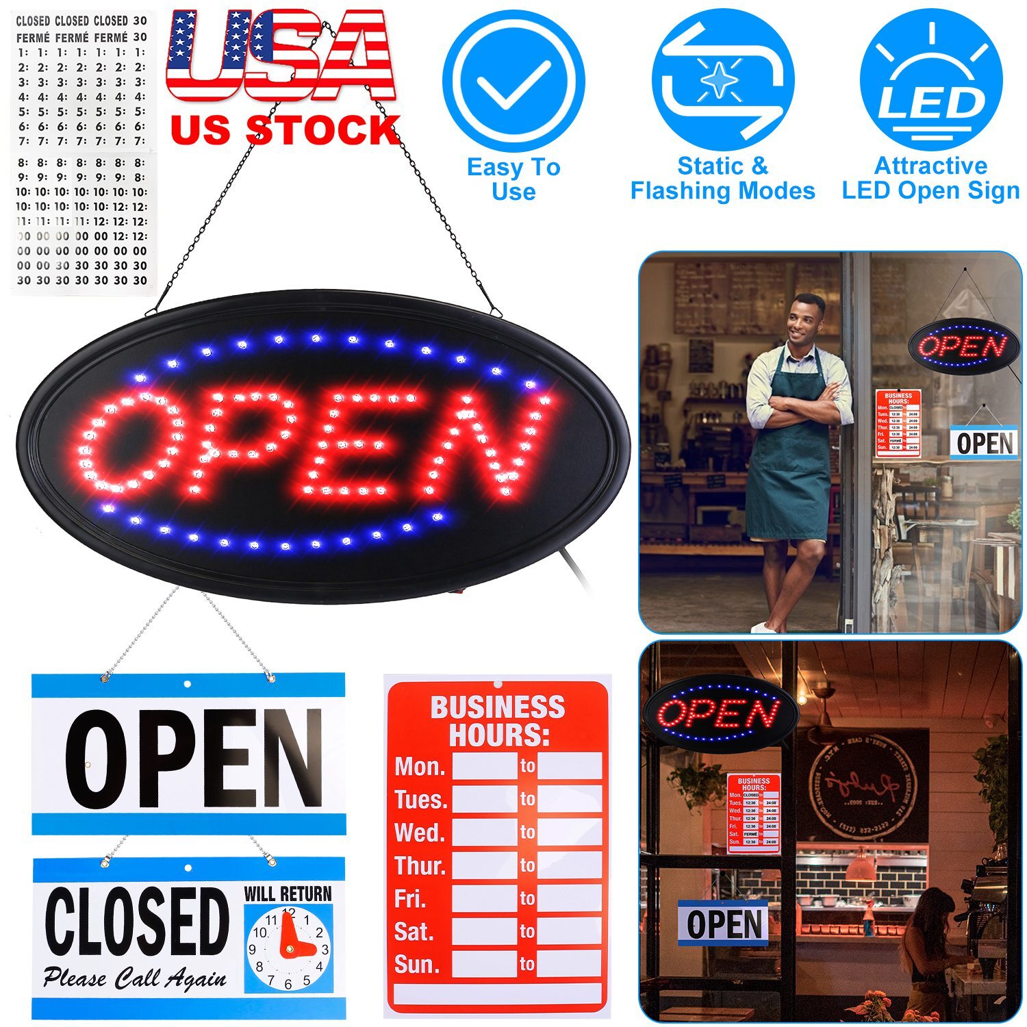 Electric Light Up LED Neon Business Open Closed Sign Flashing & Steady Ad Board