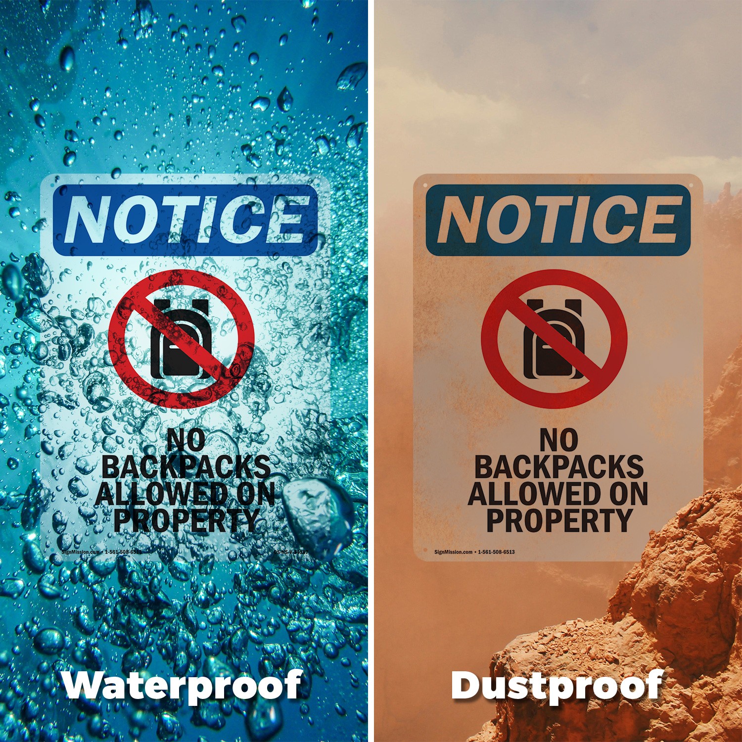 No Backpacks Allowed OSHA Notice Sign Metal, Plastic, Or Decal – 5 or 10 Pack