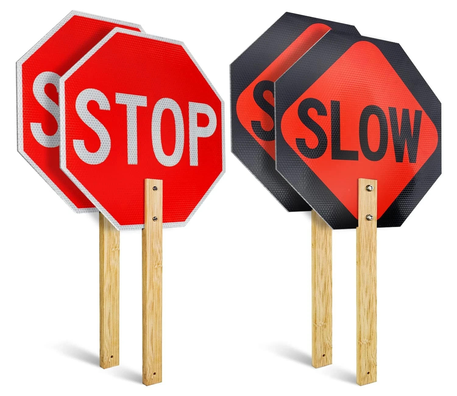 Stop Slow Sign with 13 x 13, Red – 2 Pack- 13&Prime; x Bamboo Handle