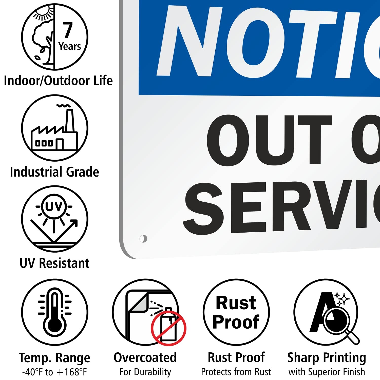 Notice Out Of Service Sign 7×10 Aluminum Black Blue White, Repair Warning Set