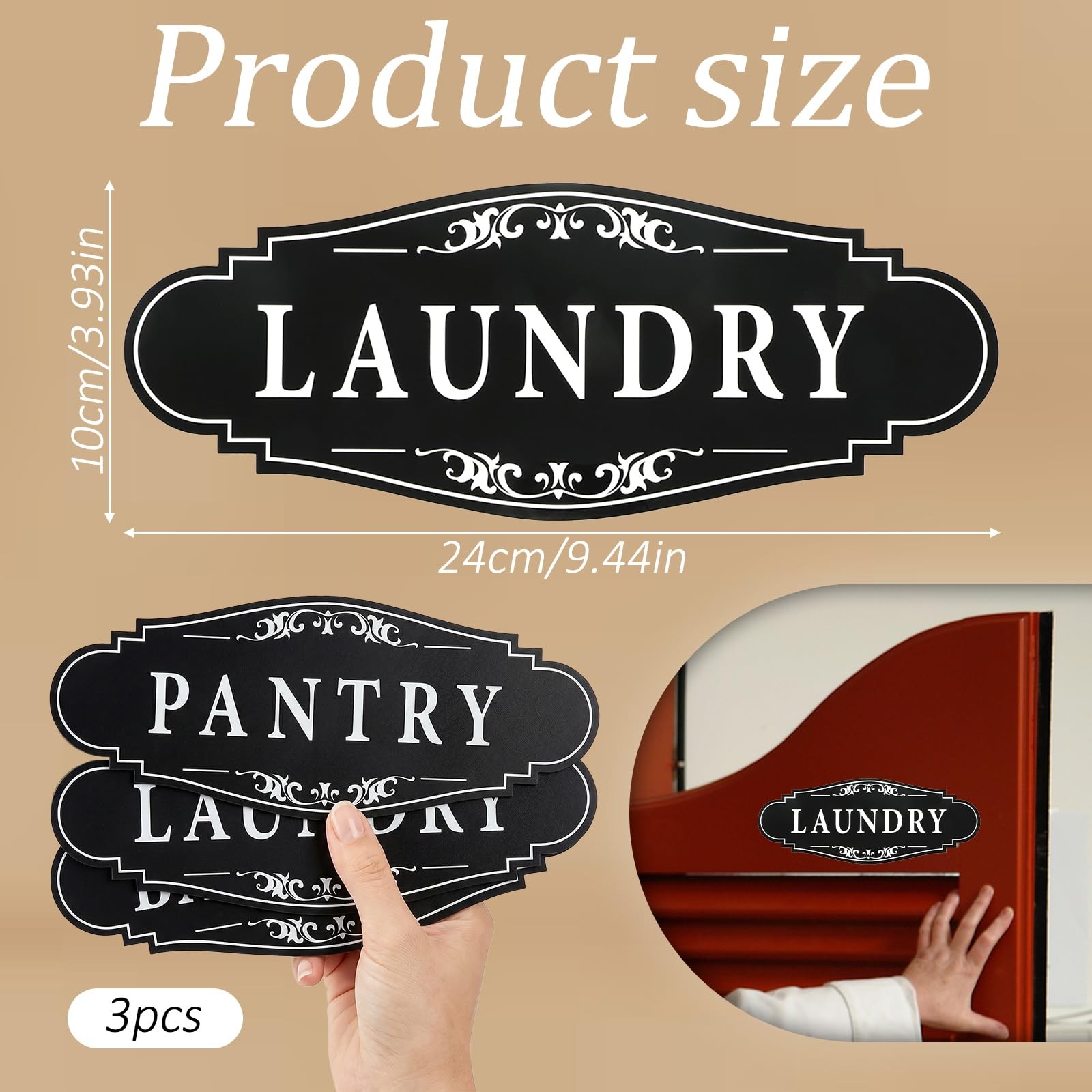 3 Pcs Laundry Room Sign Self-Adhesive Vinyl Door Signs for Bathroom Black